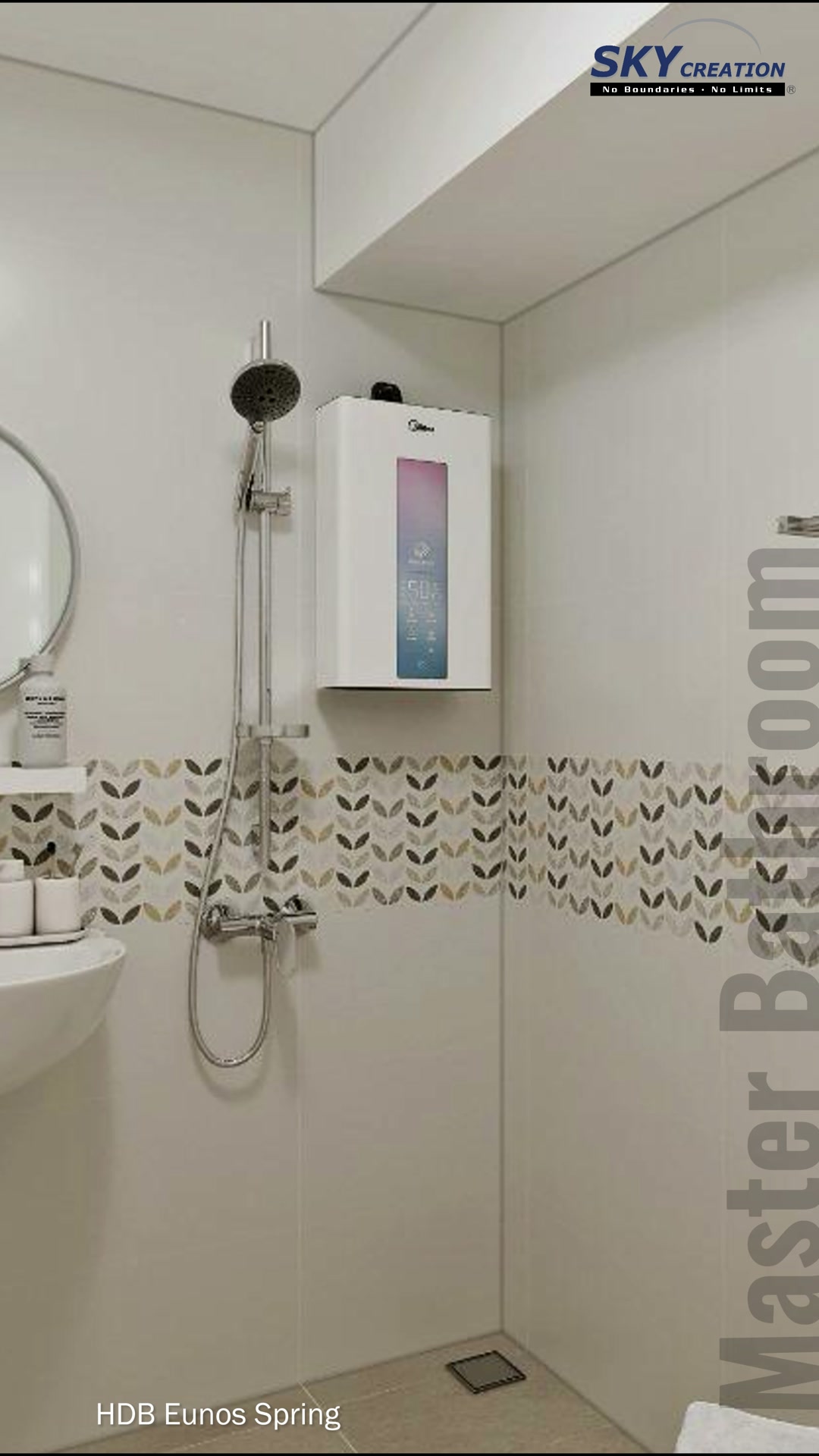 Eunos Spring bathroom with pale surfaces and a patterned accent band