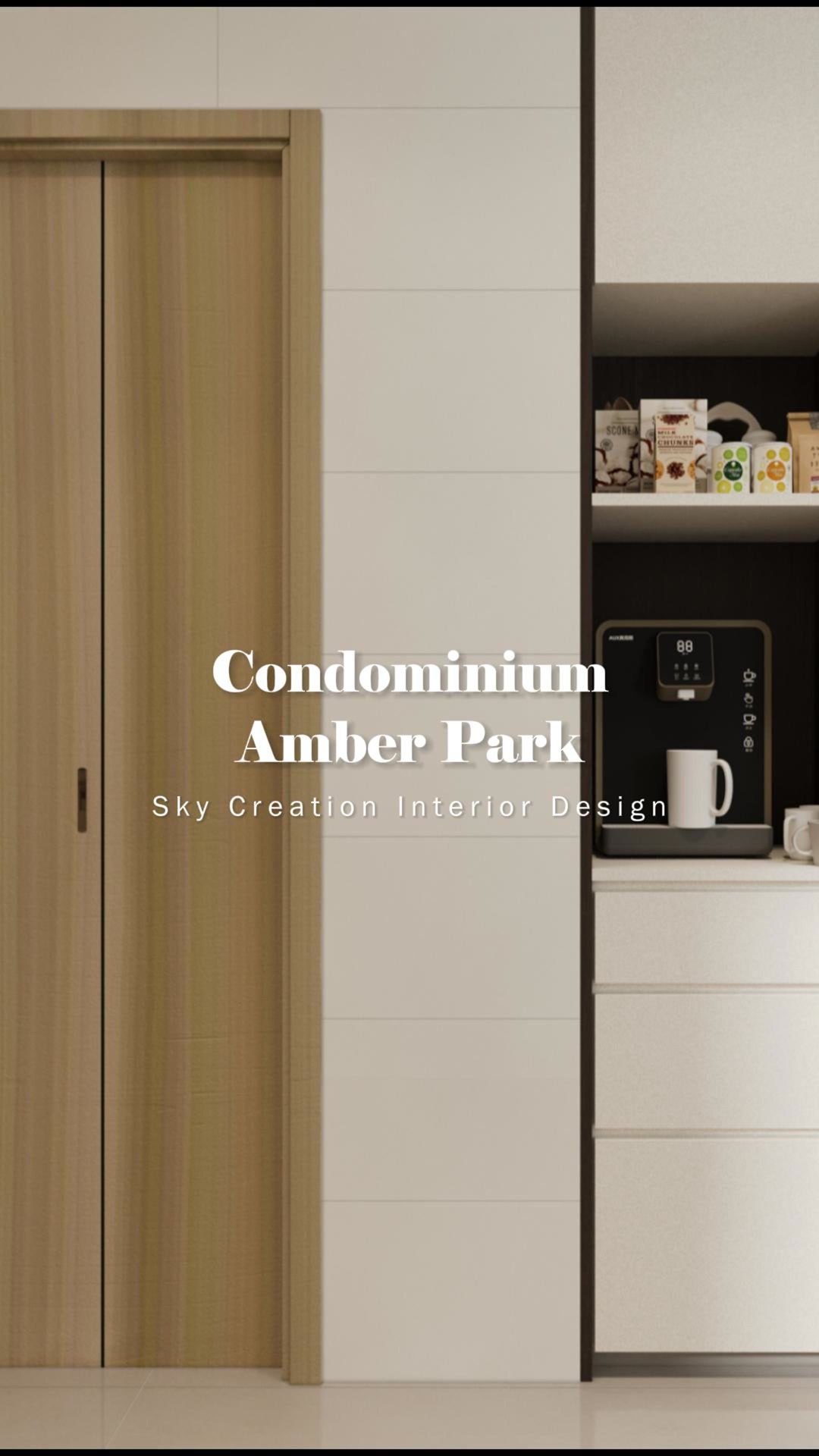 Original Amber Park condominium 3D cover showing the dark piano feature wall and warm illuminated cabinetry