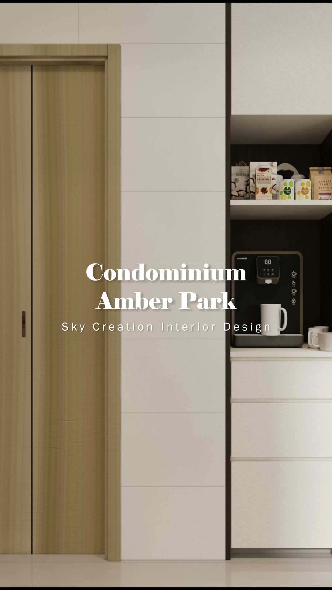 Amber Park living room with a black piano integrated into a dark illuminated display wall