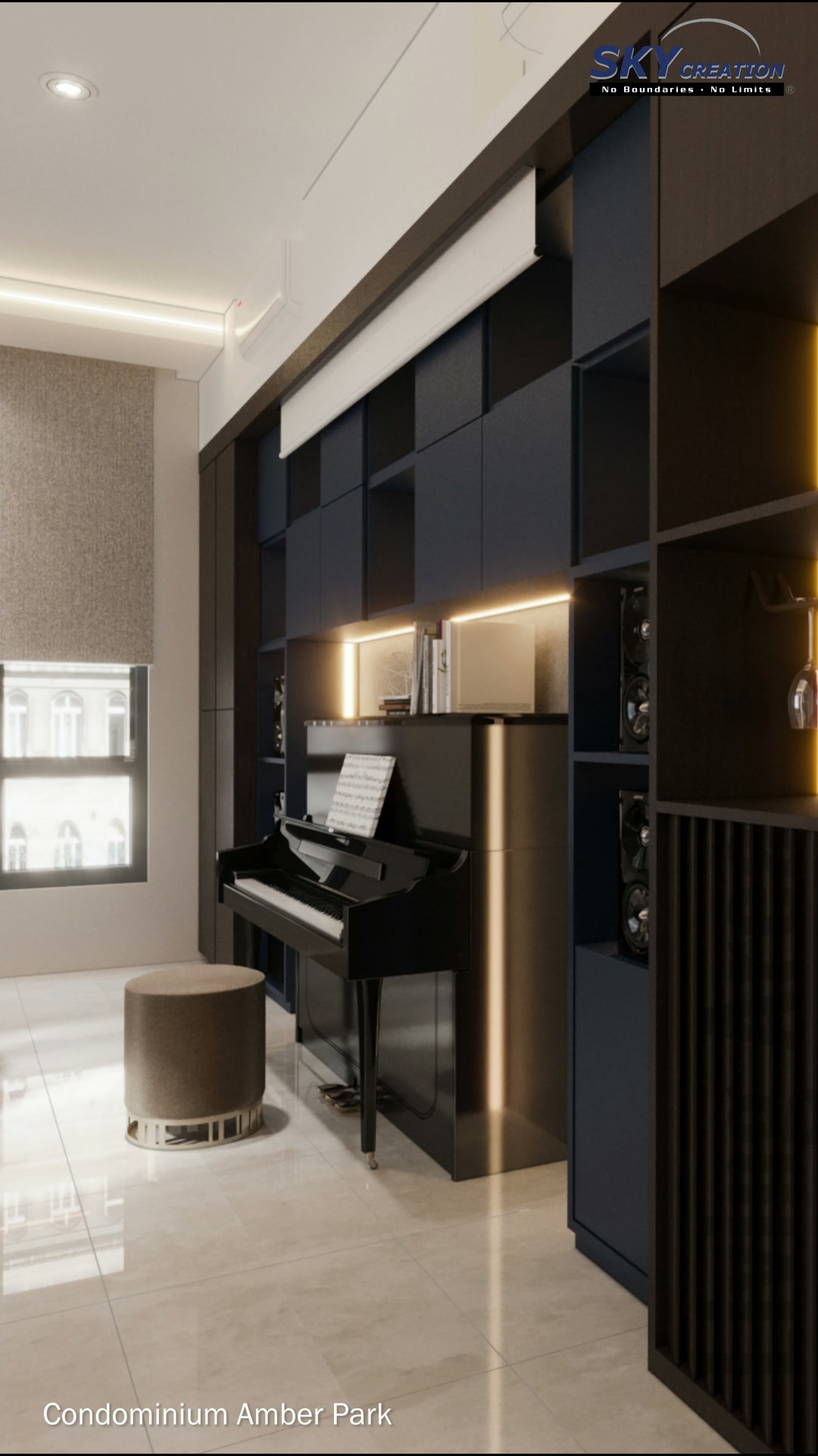Amber Park living and dining area with dark mirrored cabinetry and sculptural lighting
