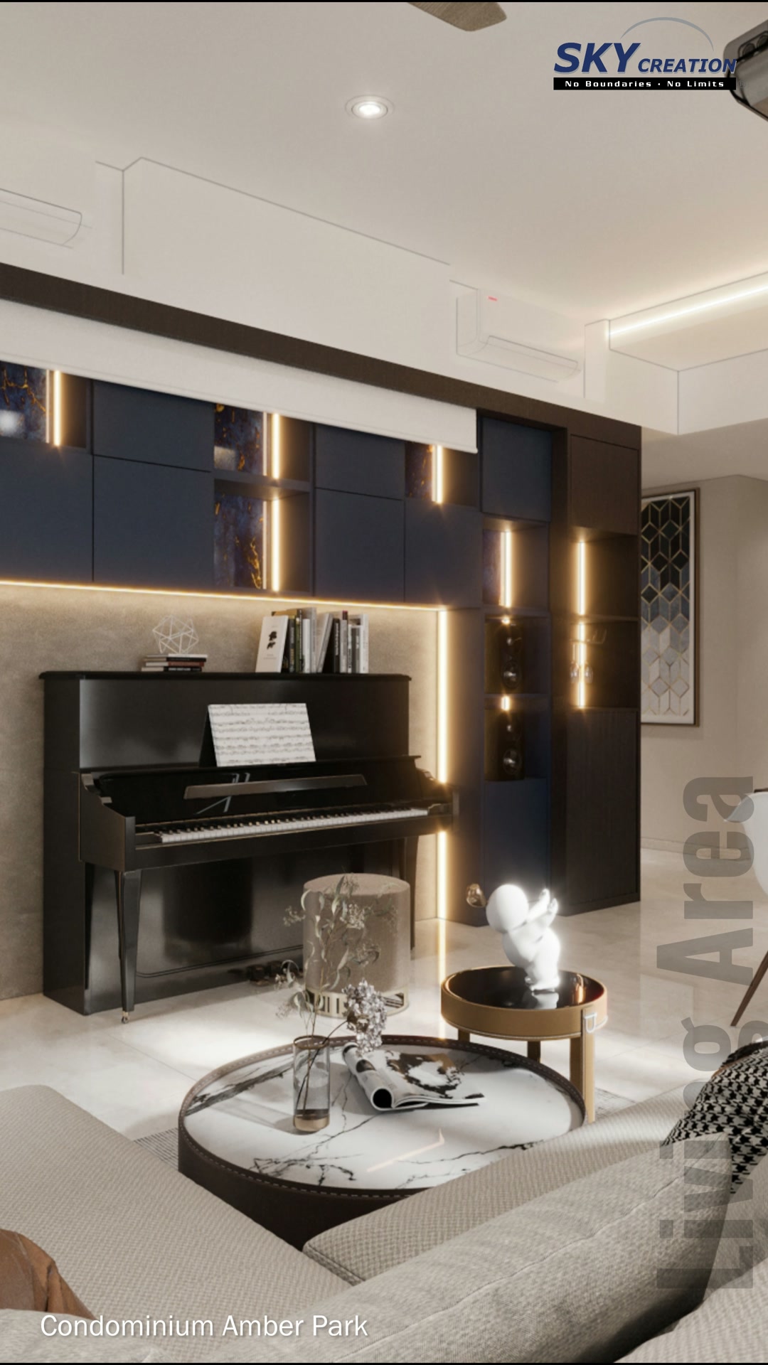 Amber Park master bedroom television and vanity wall with twin circular mirrors