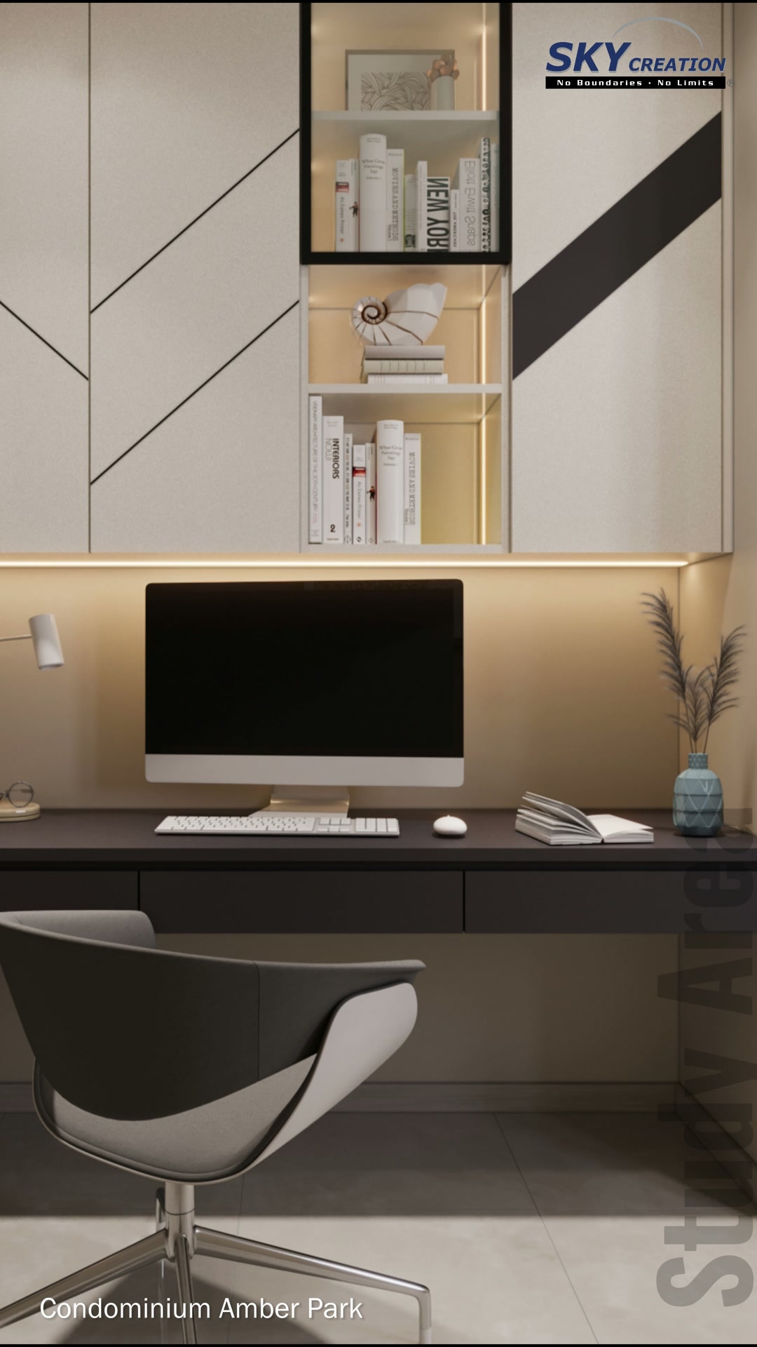 Amber Park study with a long dark desk and geometric white overhead cabinetry