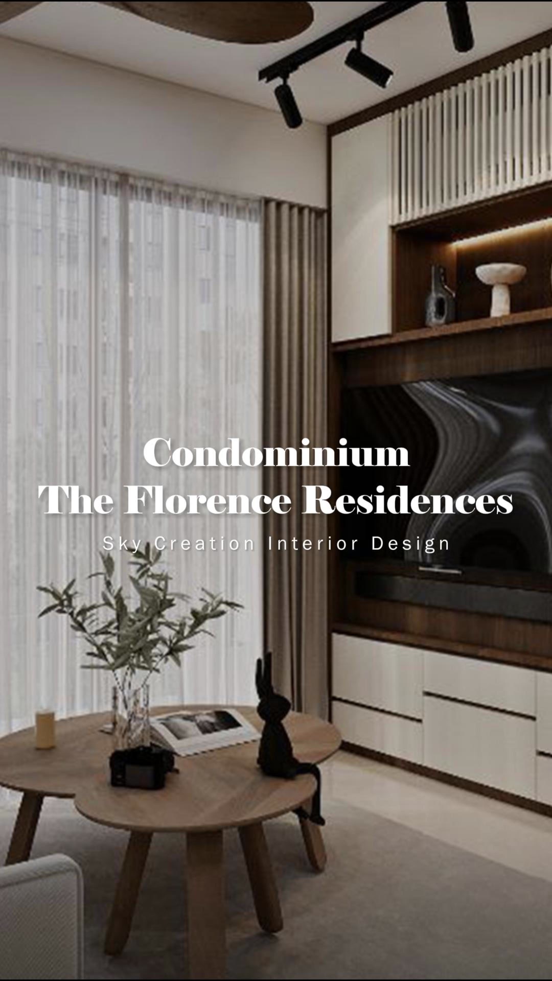 Original Florence Residences condominium 3D cover showing the walnut-framed television wall and white cabinetry
