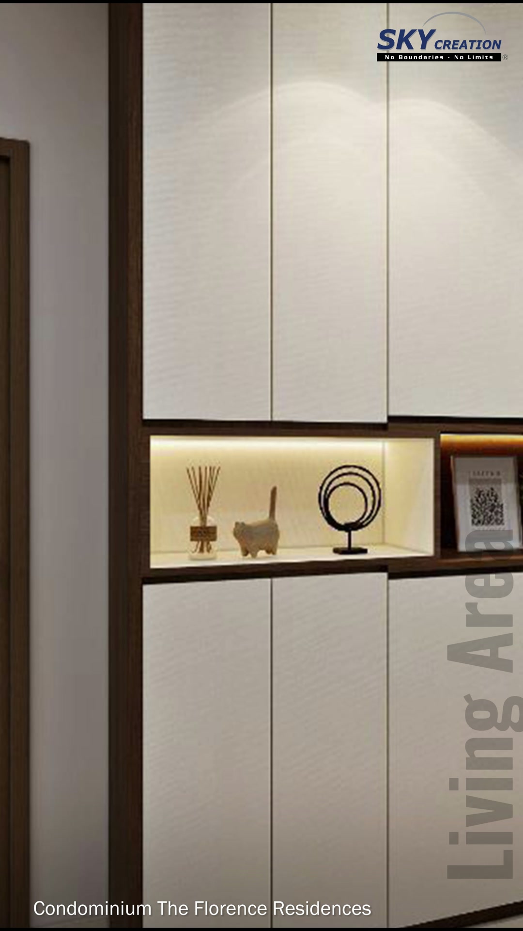 Florence Residences central display niche framed by dark walnut and vertical white slats