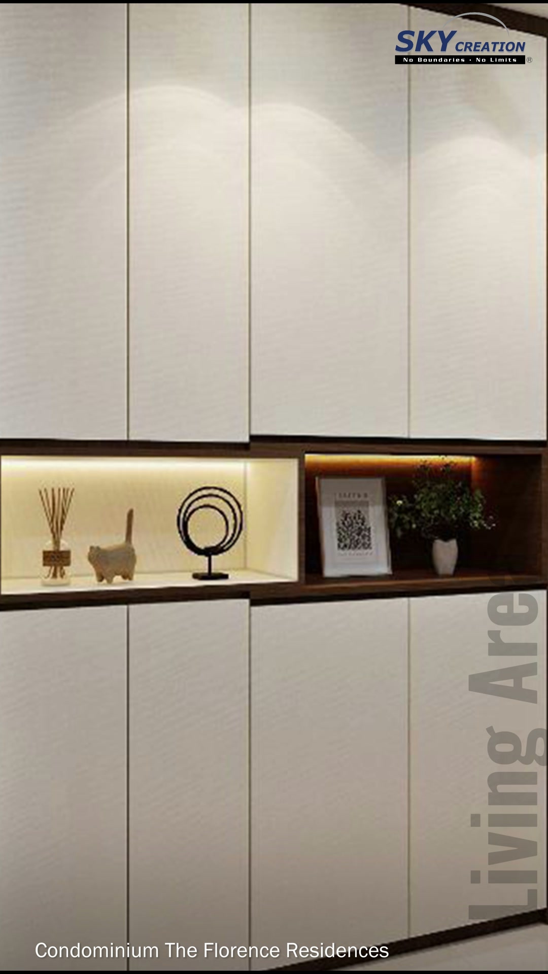 Florence Residences living area with track lights, a wood ceiling fan and nesting tables