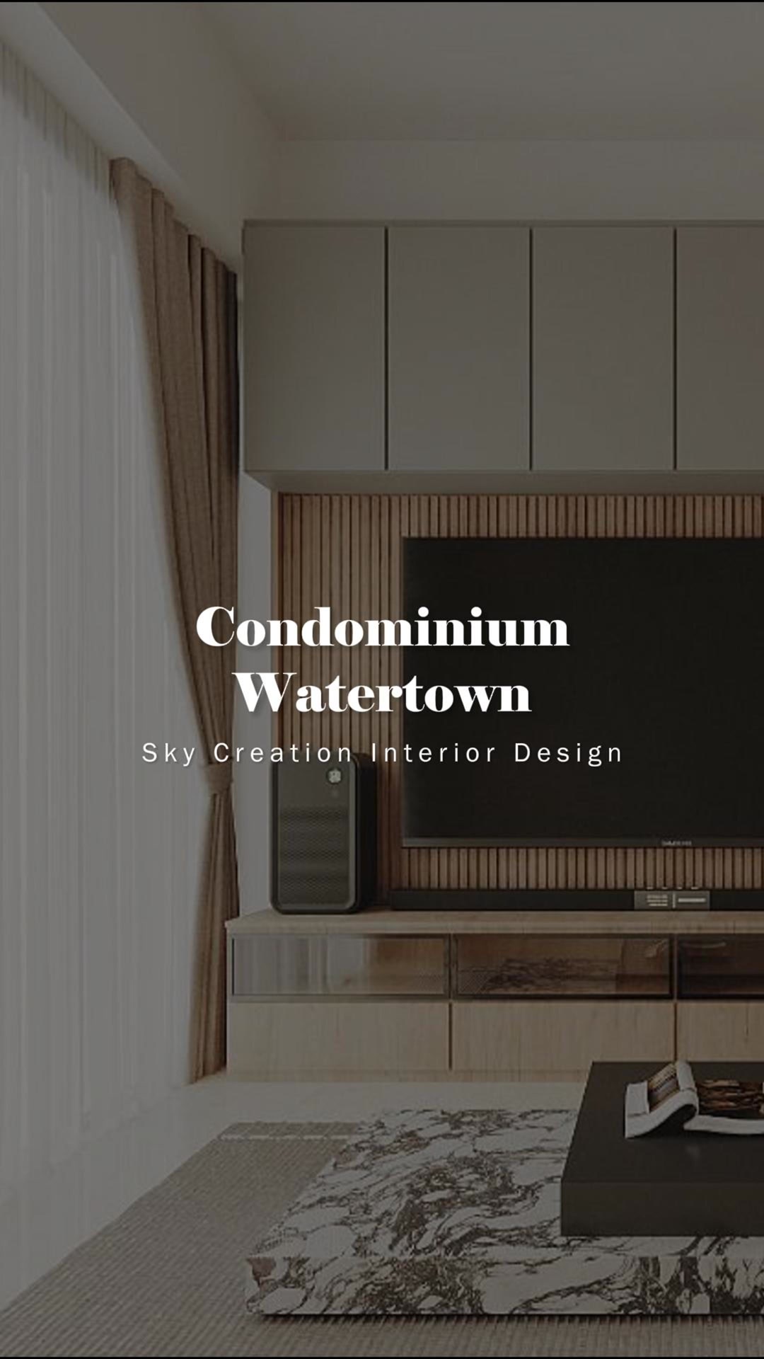 Original Watertown condominium 3D cover showing the timber-slat television wall and grey overhead cabinetry