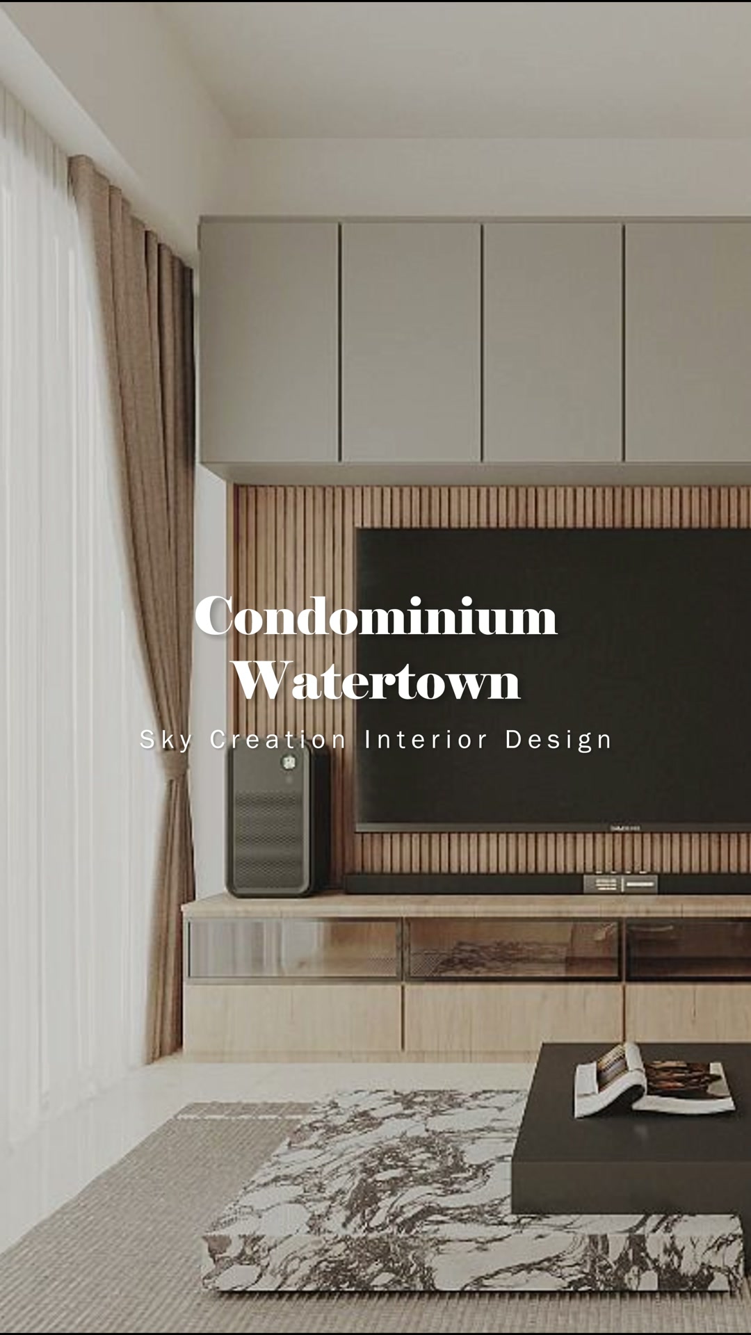 Watertown living room with a timber-slat television wall and grey overhead cabinets