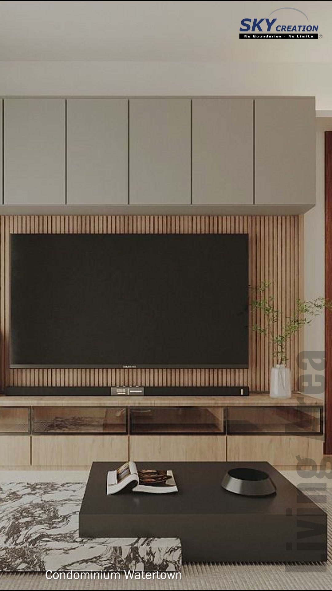 Watertown vertical timber slats framing the large television and low console