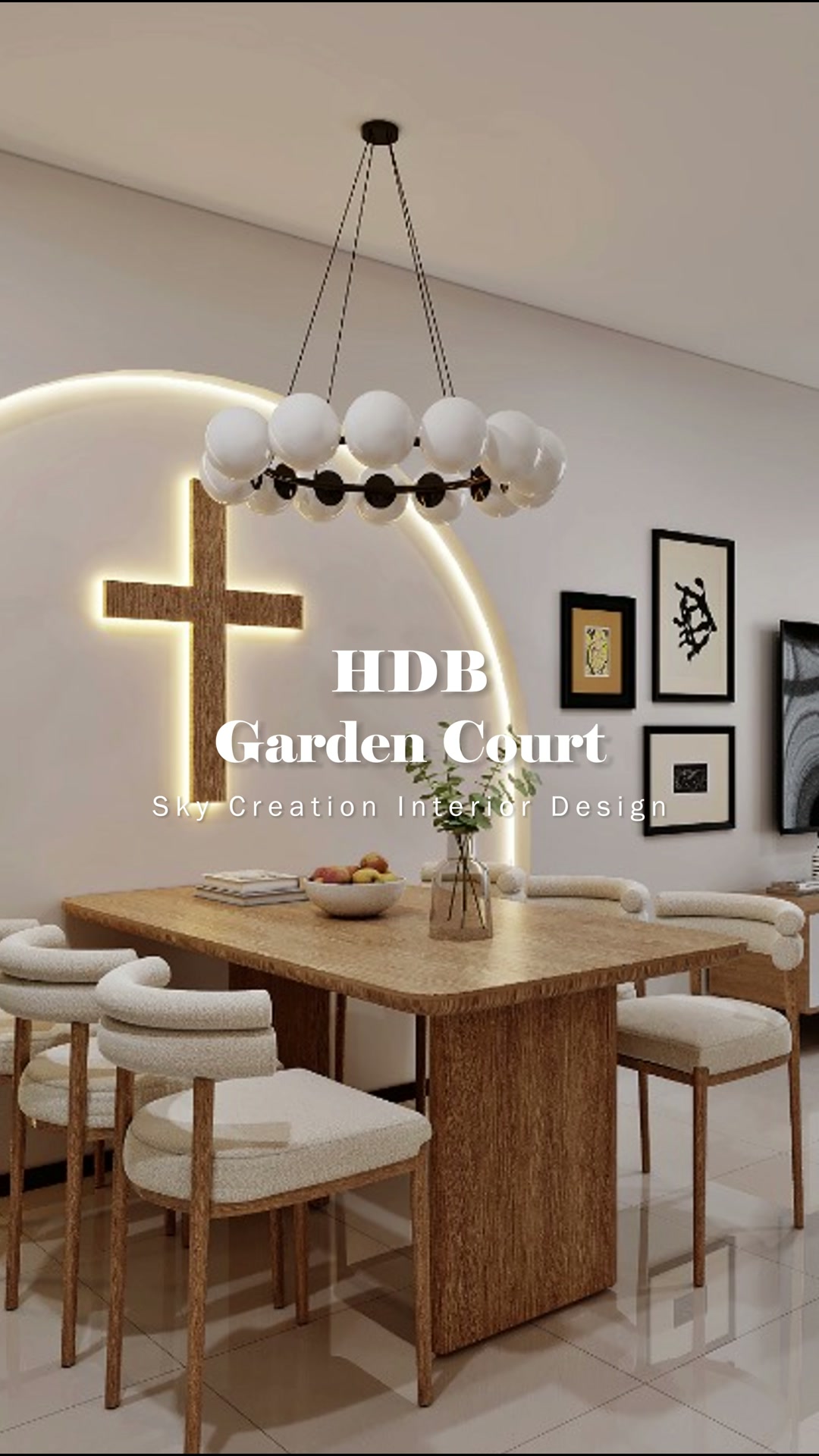 Garden Court dining area with warm timber table, upholstered chairs and a curved illuminated wall feature