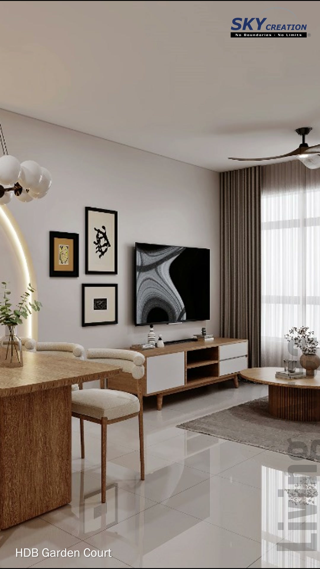 Garden Court living and dining room with a low timber television console and pale seating