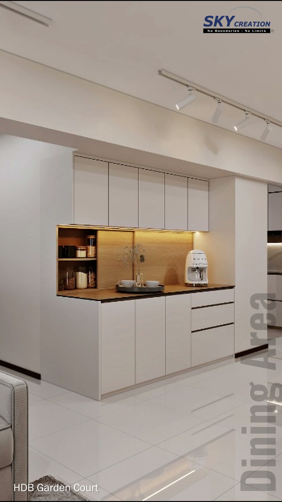 Garden Court dining storage with soft ivory cabinets and a warm open display niche