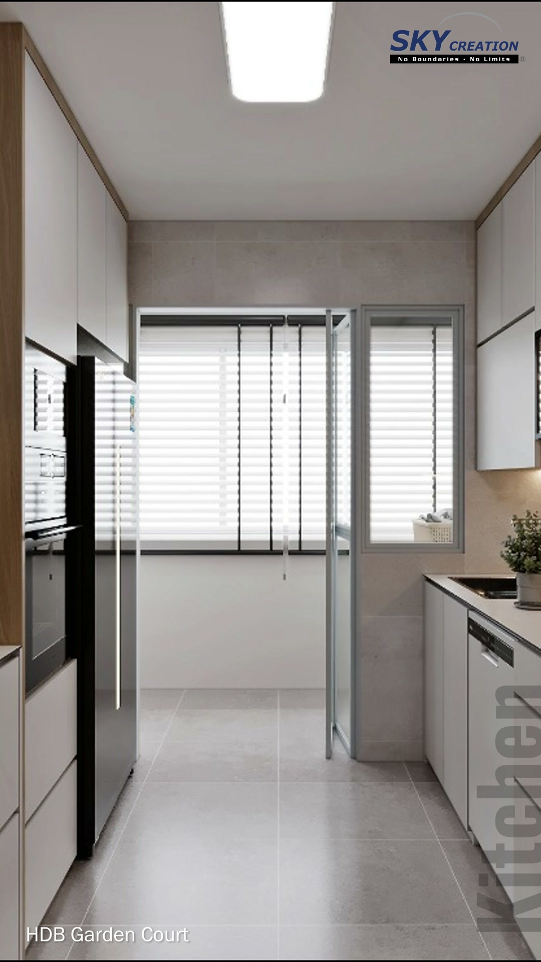 Garden Court galley kitchen with pale cabinetry, long worktops and clear circulation