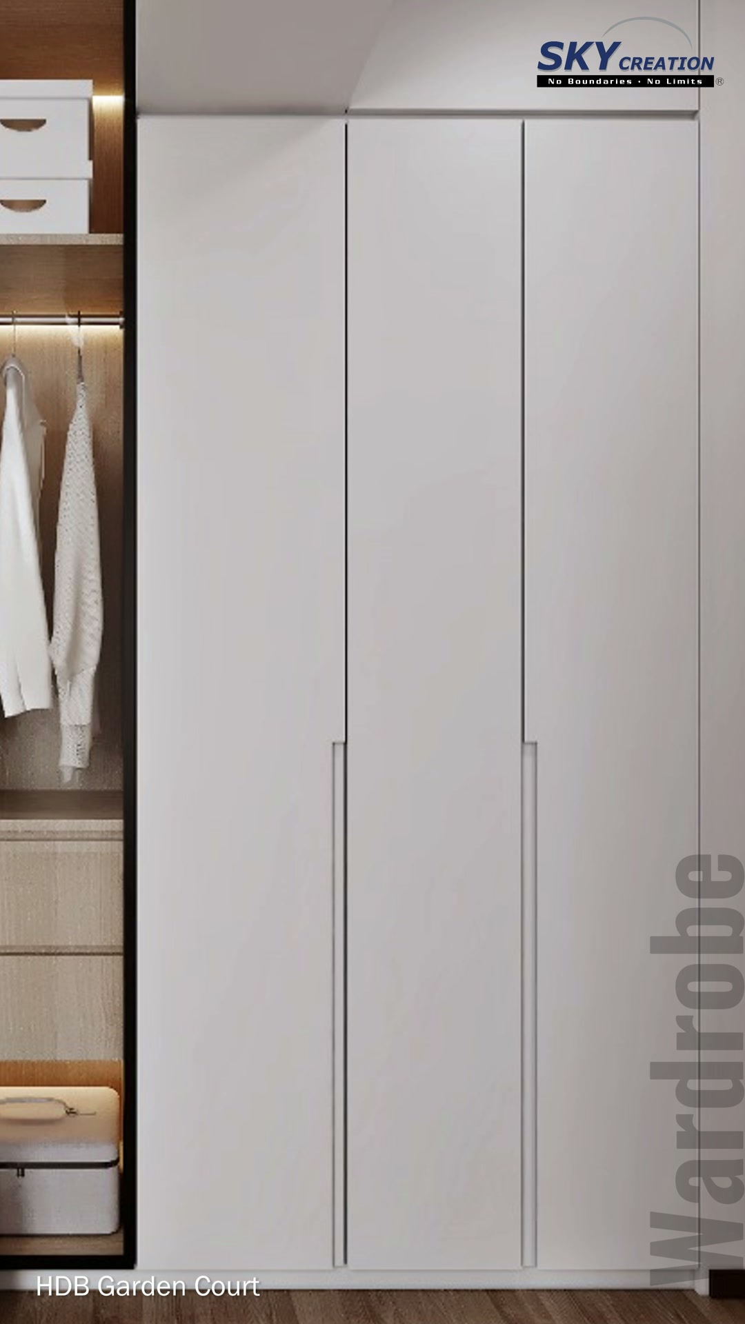 Garden Court wardrobe with full-height pale doors and illuminated open storage bays