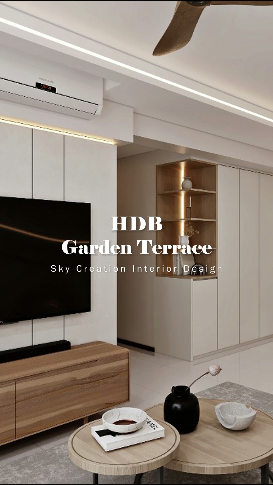 Garden Terrace living room with pale full-height storage, timber television console and warm display tower