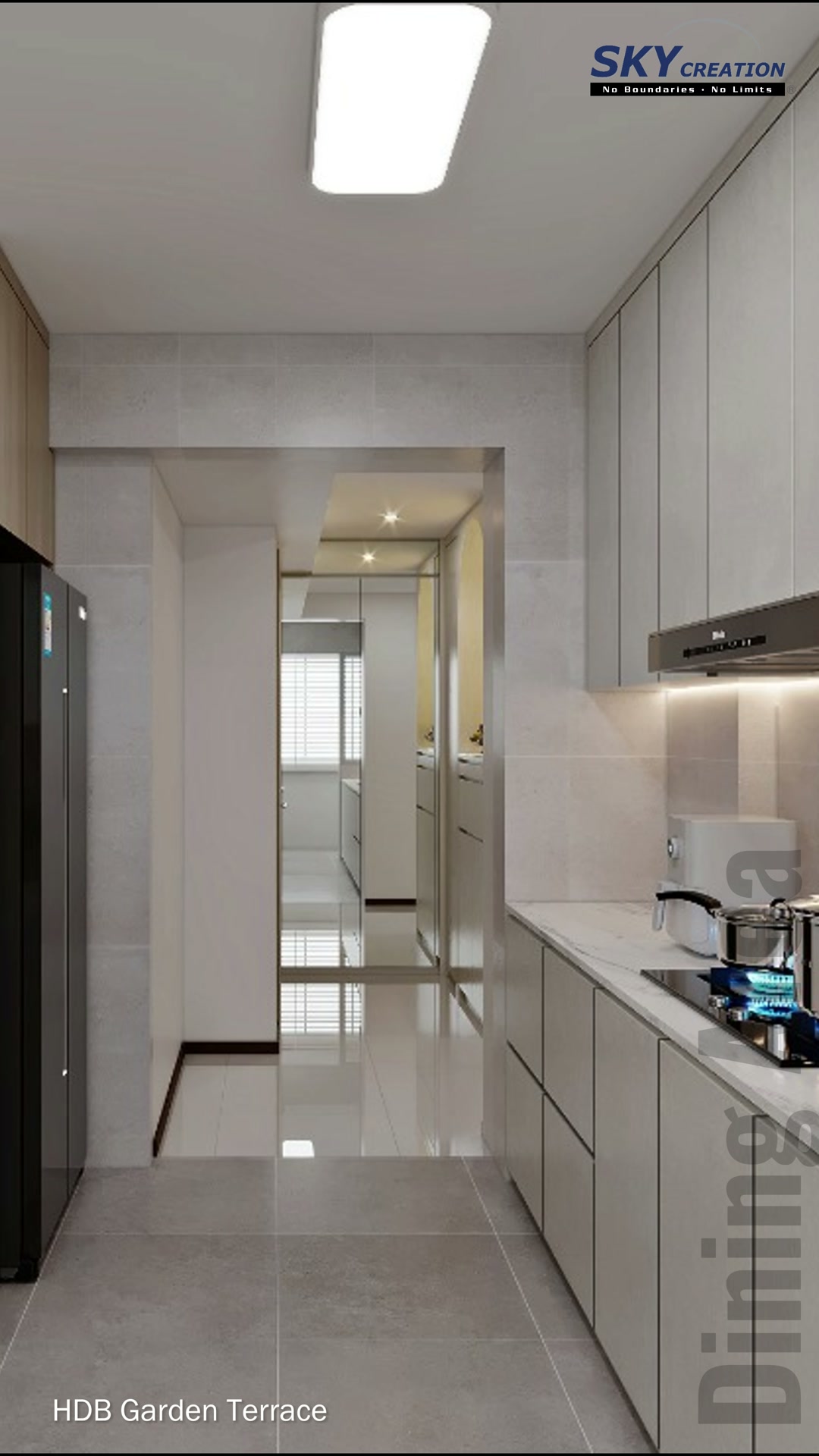 Garden Terrace galley kitchen with pale cabinets, long worktops and warm task lighting