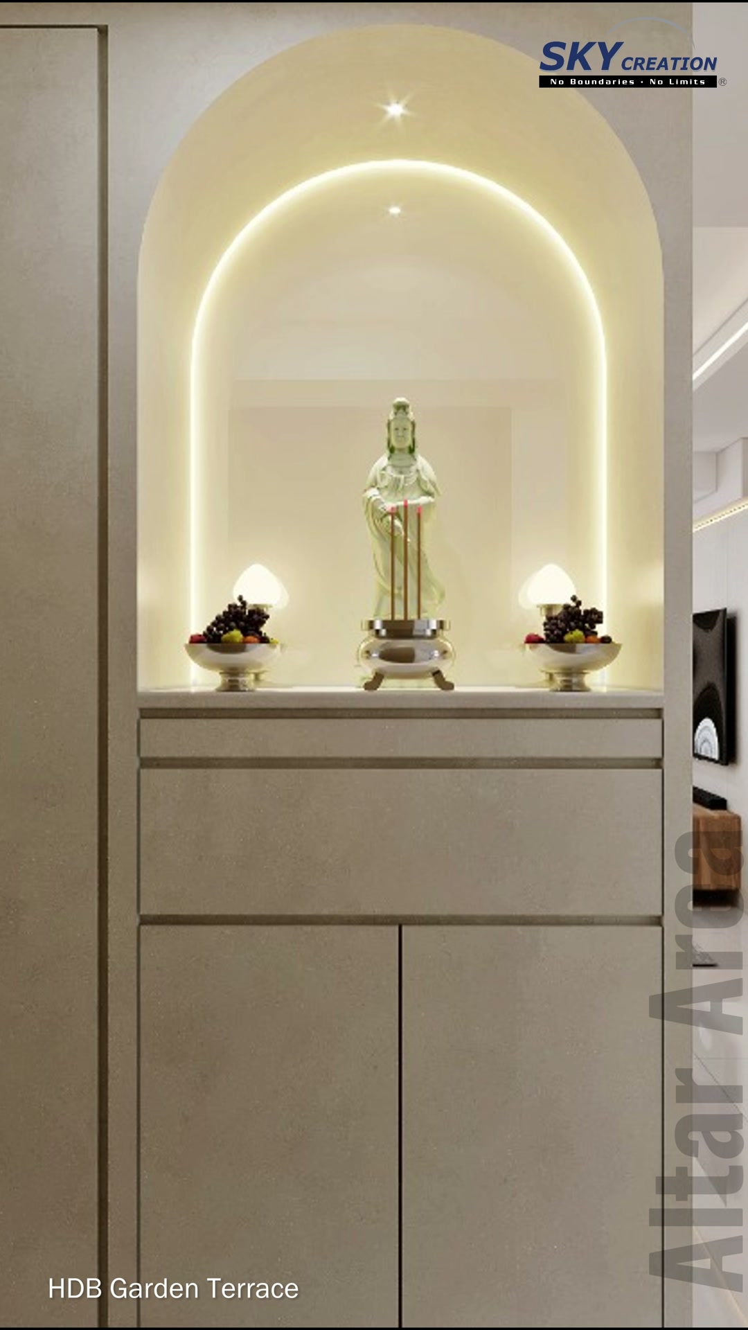 Garden Terrace kitchen with a clear central aisle and aligned full-height storage