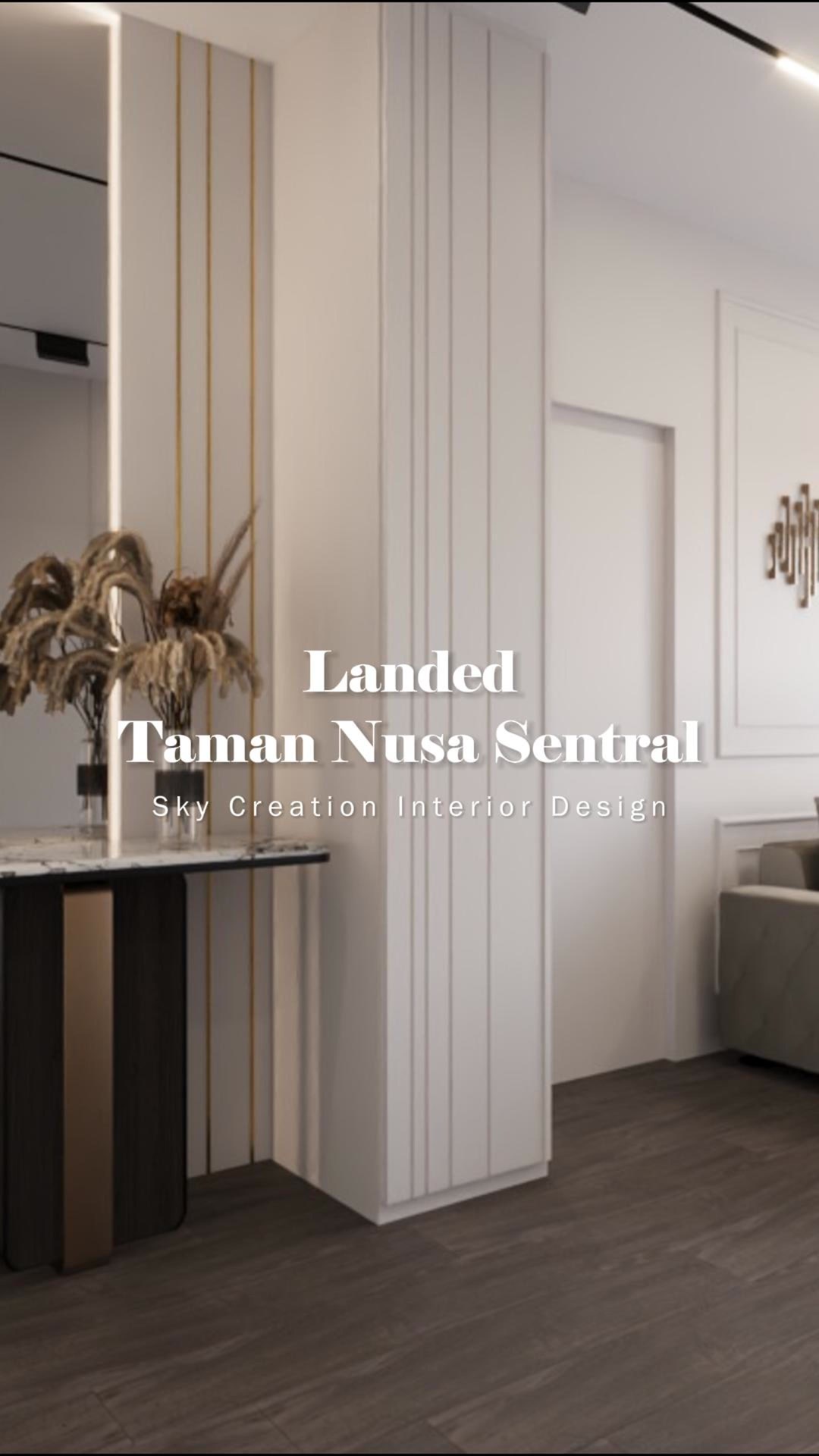 Original Taman Nusa Sentral landed-home 3D cover showing the bright entrance, slim console and vertical gold detailing