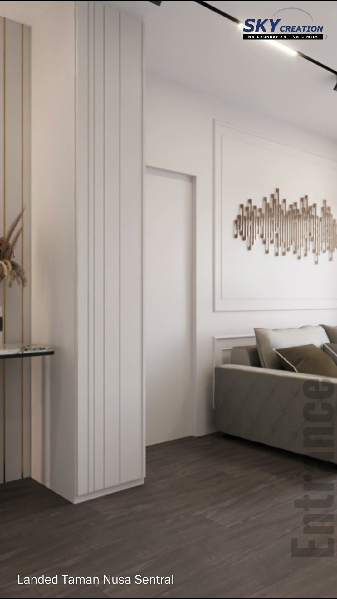 Taman Nusa Sentral entrance with a slim console, pale wall panelling and vertical gold details