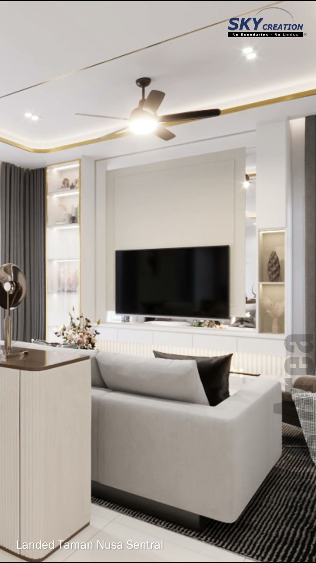 Taman Nusa Sentral living room with bright cabinetry, illuminated displays and a dark curtain
