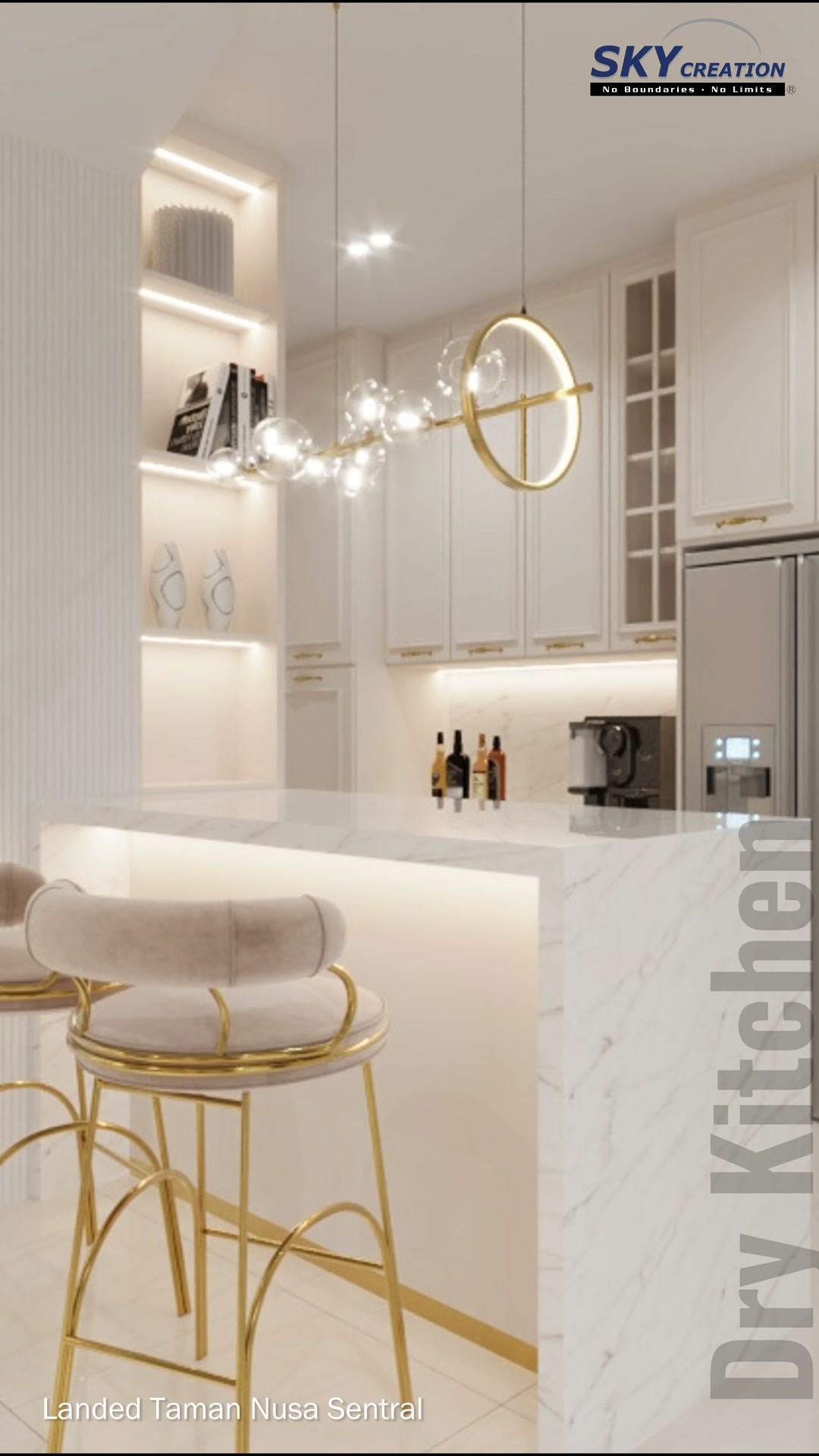 Taman Nusa Sentral dining room with a crystal pendant, pale chairs and a refined table setting