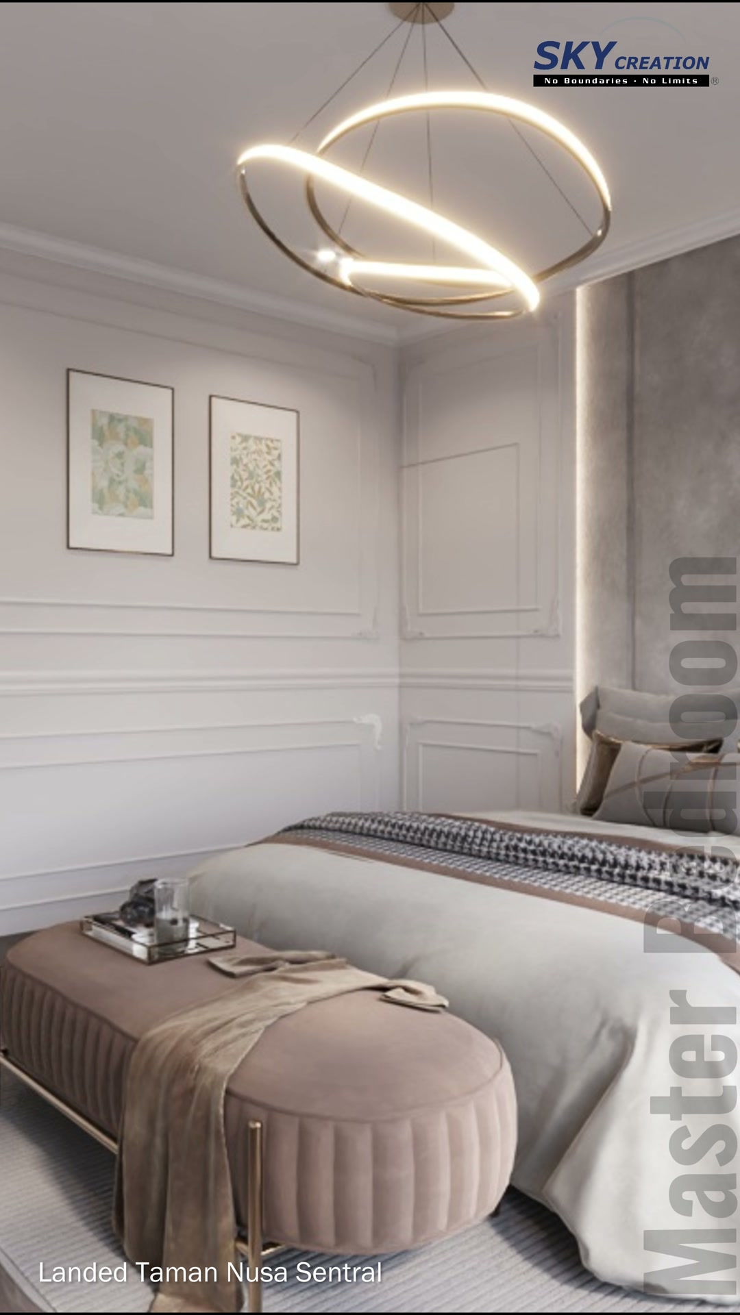 Taman Nusa Sentral wet kitchen with pale cabinetry, stone-look worktops and warm task lighting