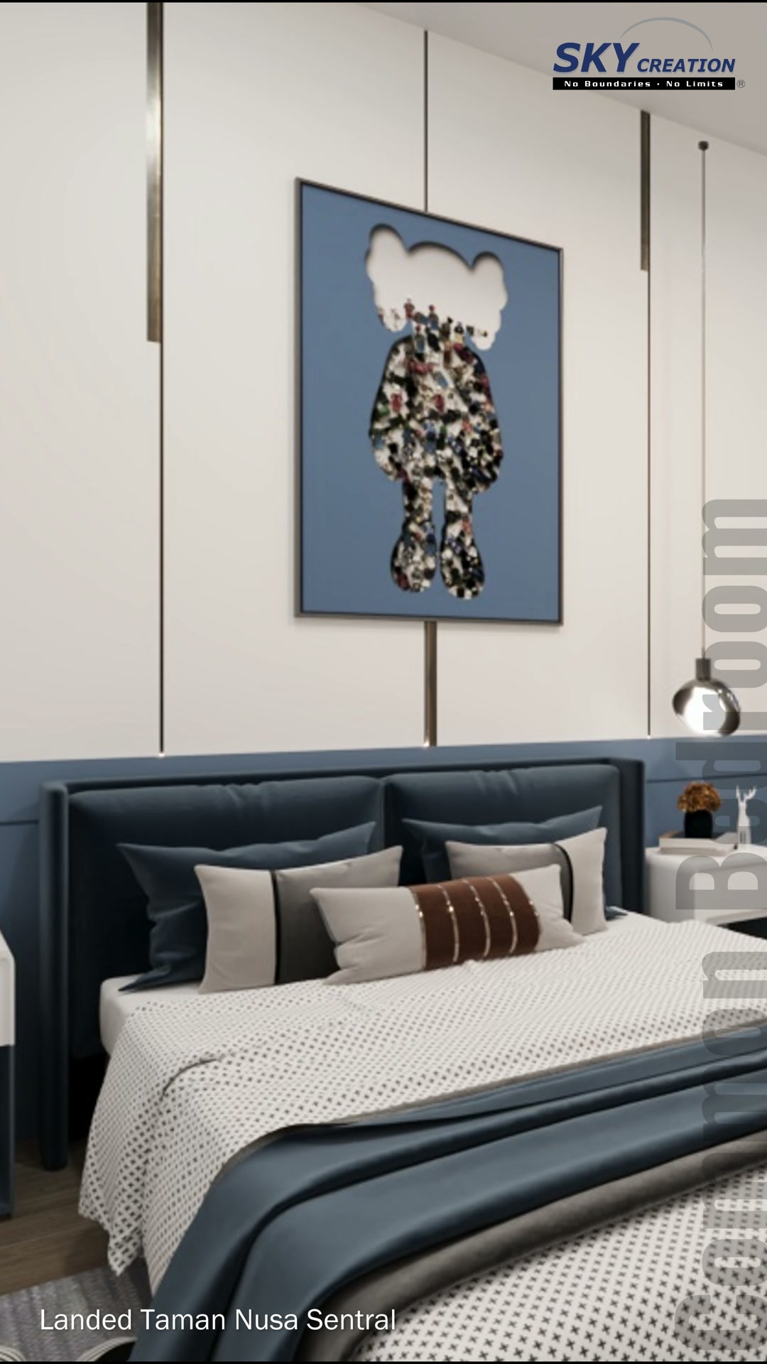 Taman Nusa Sentral main bedroom with upholstered bench, wall moulding and sculptural ring lighting
