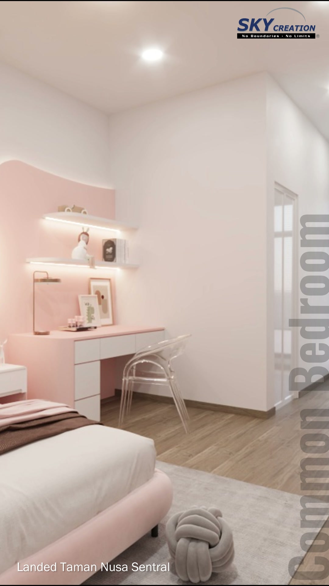 Taman Nusa Sentral blue-accent bedroom with fitted storage and a compact bedside arrangement