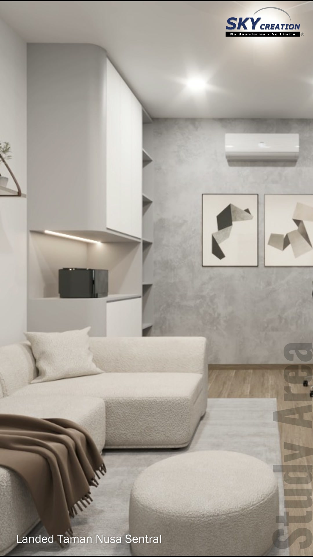 Taman Nusa Sentral study with a pale desk, dark illuminated shelving and modern task lighting