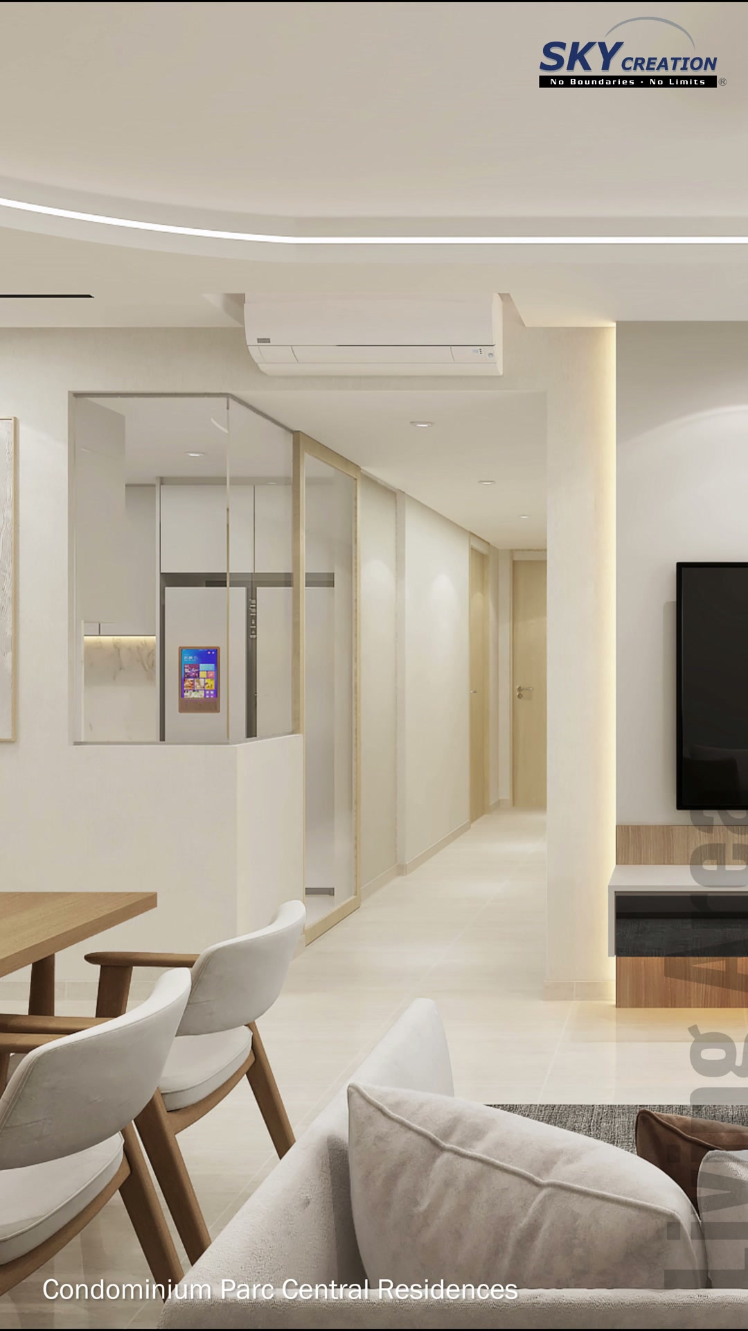 Parc Central Residences 3D living area with pale timber joinery, a mirrored kitchen opening and warm integrated lighting