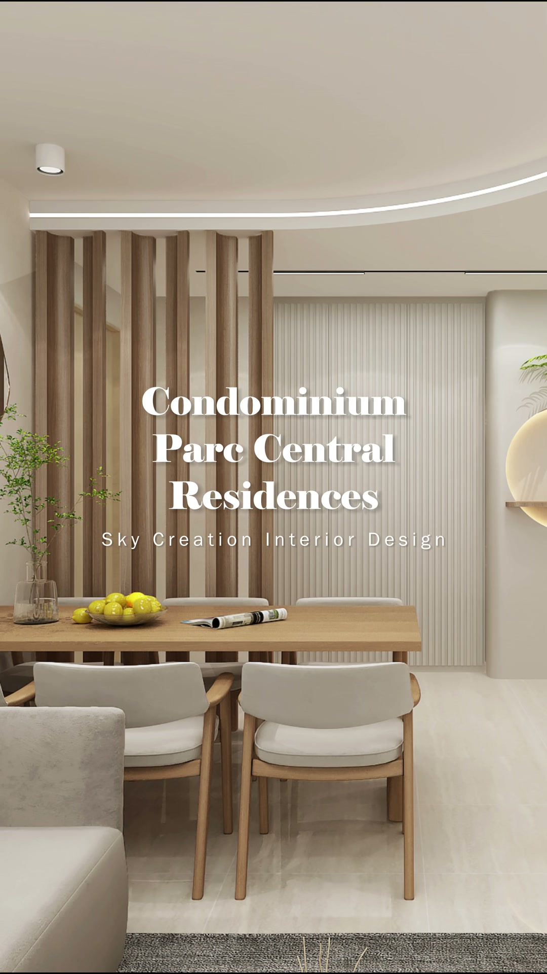 Parc Central Residences entrance and dining area with a timber divider, ribbed wall and circular lit niche