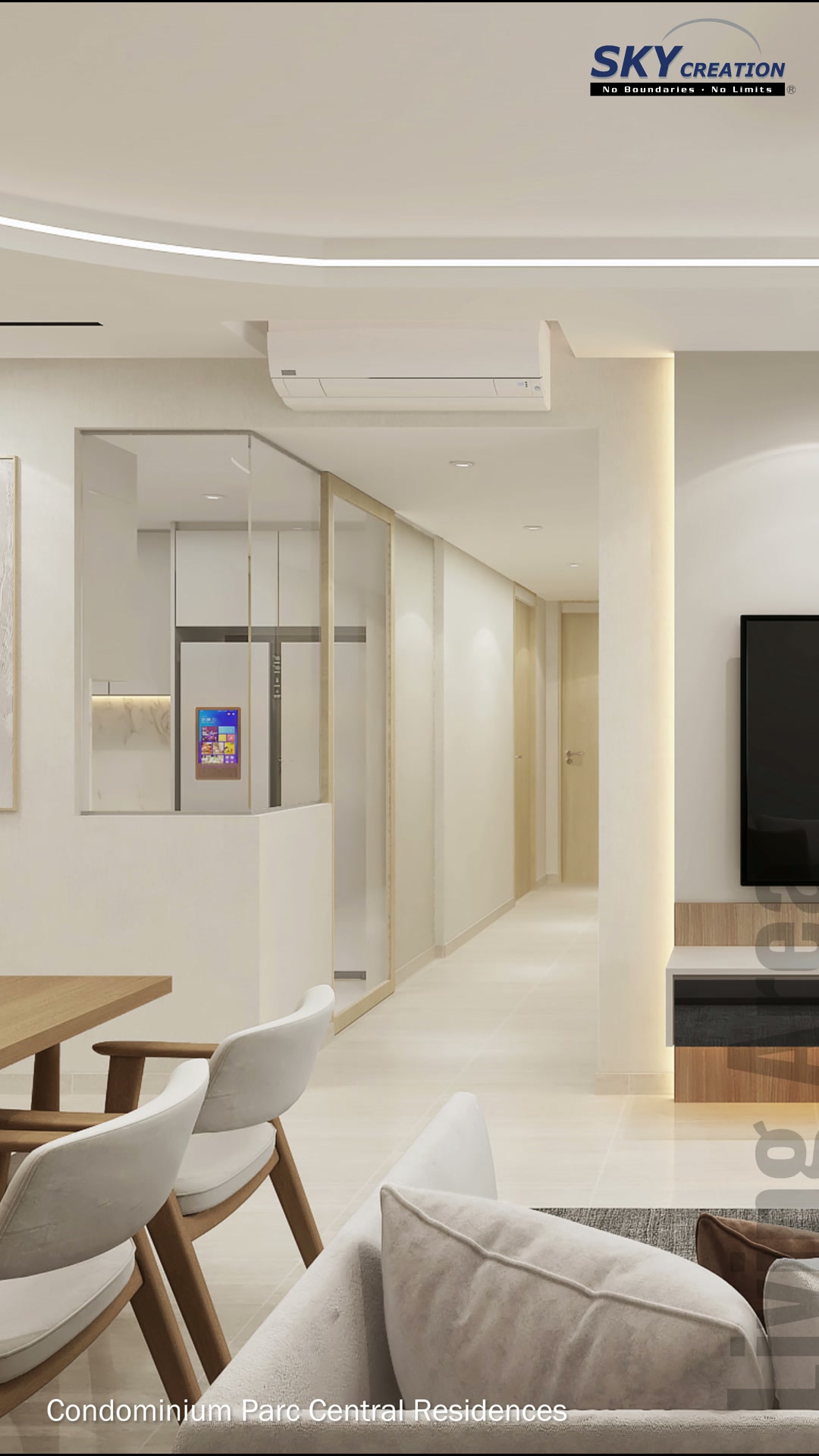Parc Central Residences living area with a mirrored kitchen opening, corridor and timber television console