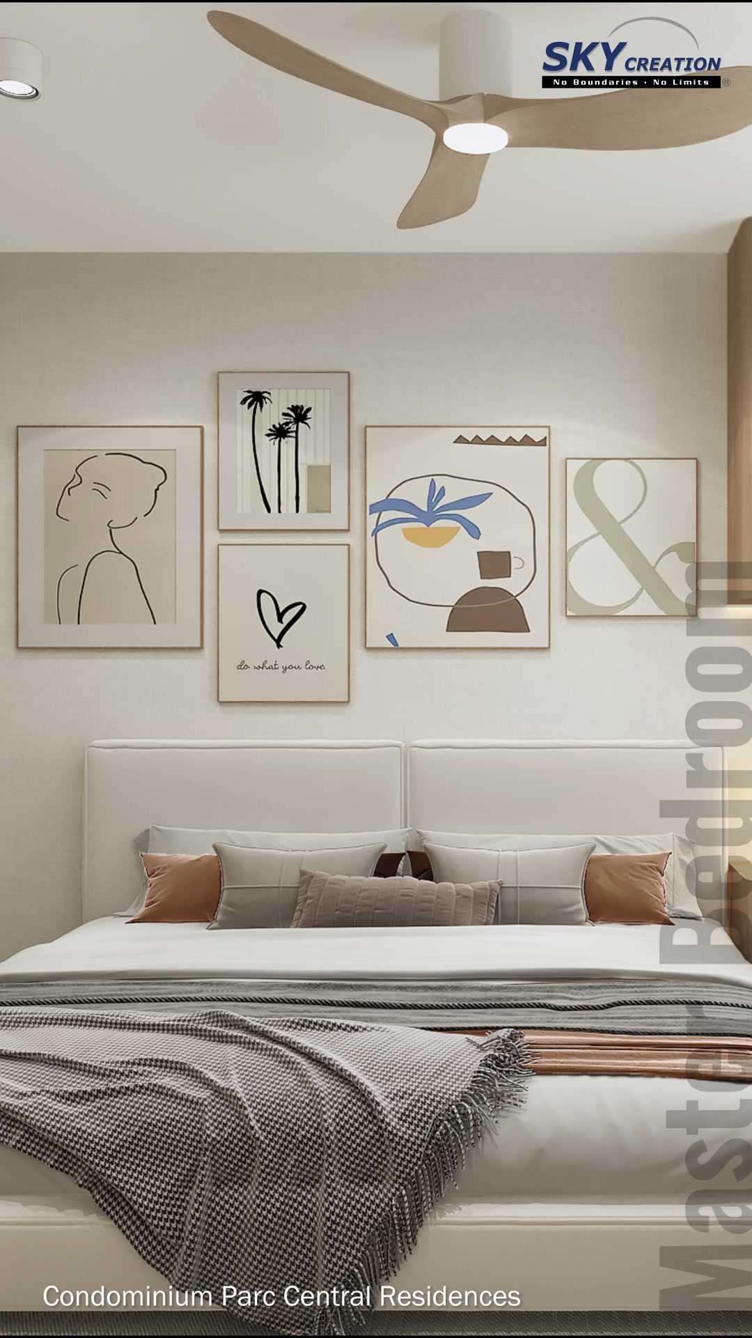 Parc Central Residences master bedroom with a five-print bed wall, timber shelving and a window-side desk
