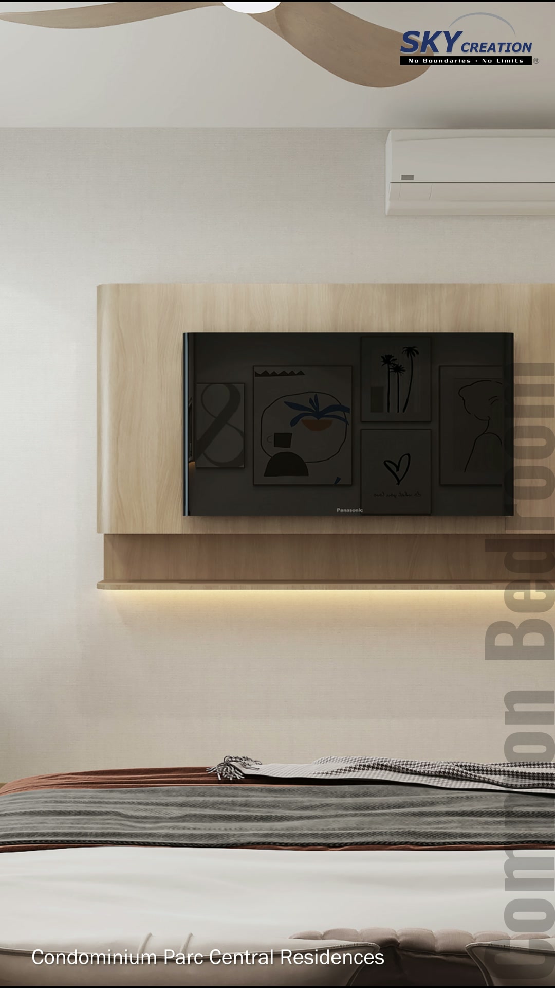 Parc Central Residences master bedroom television wall with a floating timber panel and concealed lighting