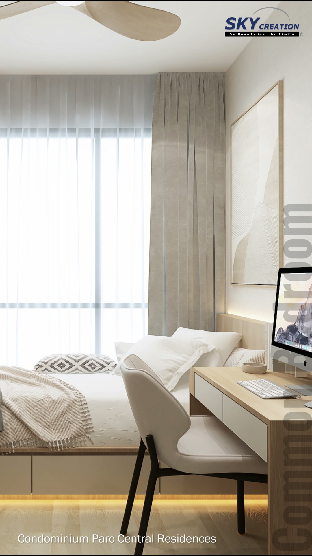 Parc Central Residences common bedroom with an integrated study desk, window-side bed and illuminated storage