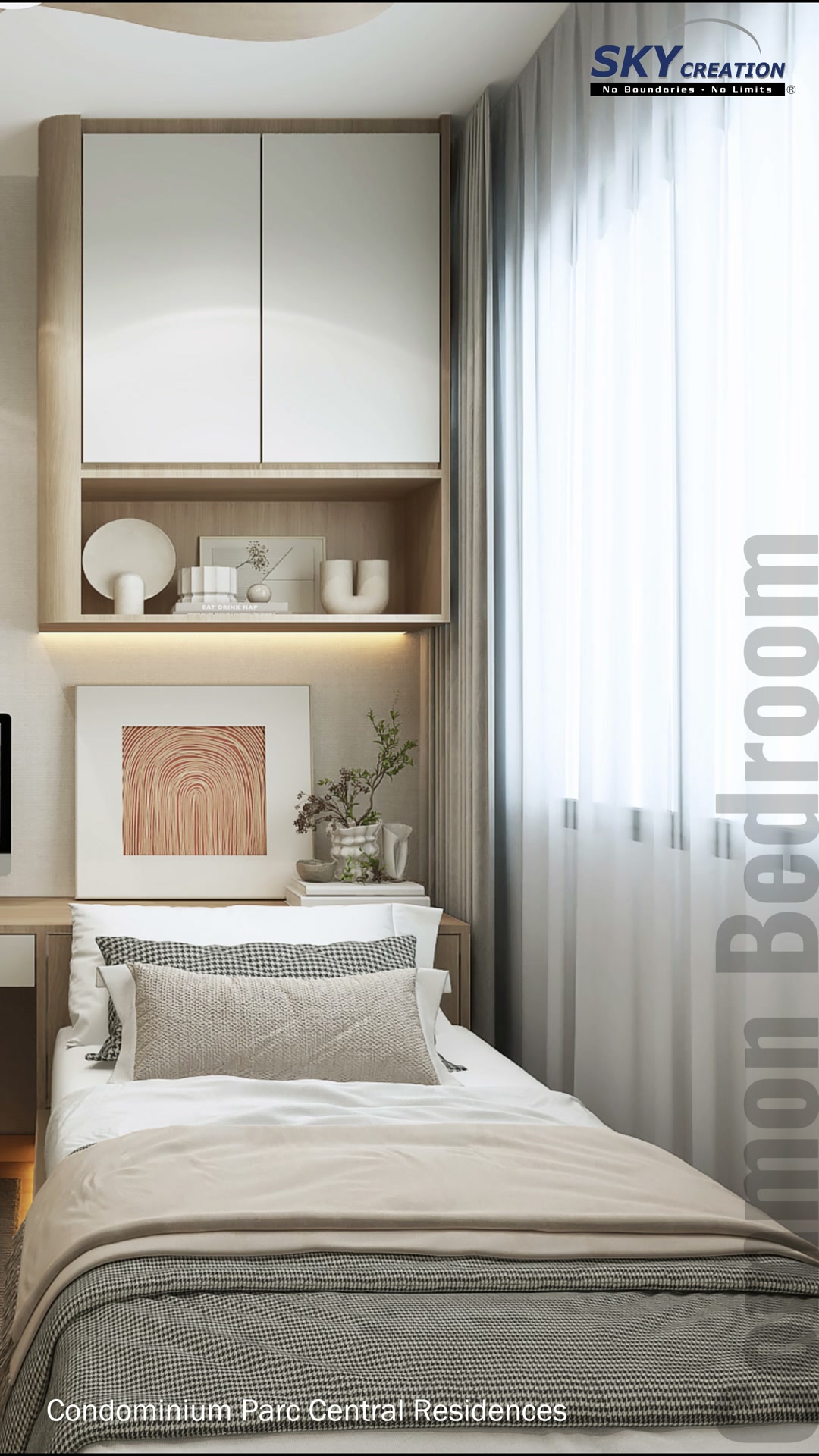 Parc Central Residences compact bedroom with overhead cabinetry, an open timber niche and a window-side bed