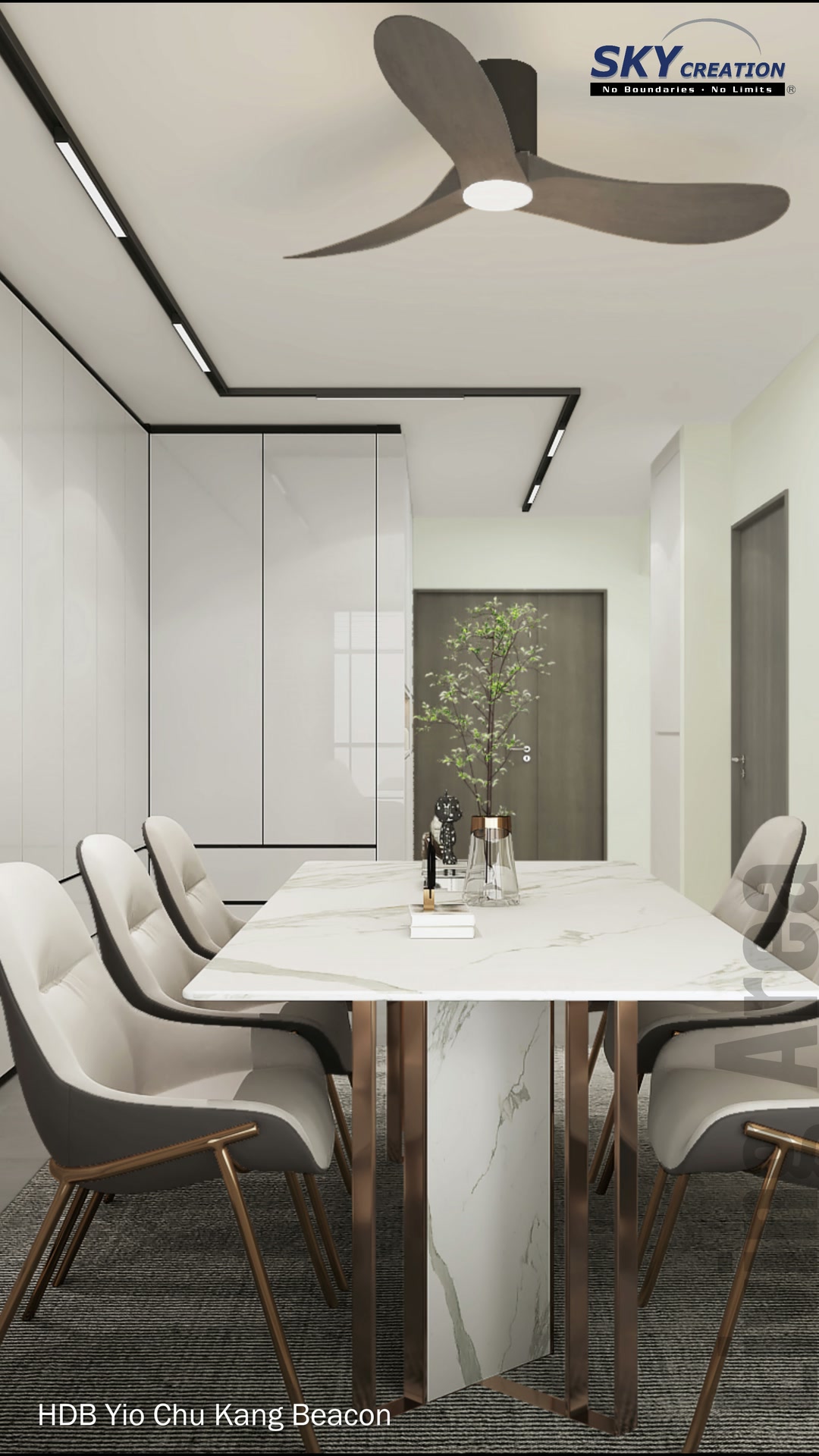 HDB Yio Chu Kang Beacon 3D dining concept with a sculptural ceiling fan and marble-look dining table