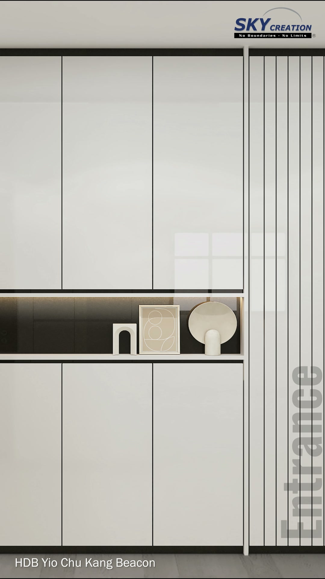 Yio Chu Kang Beacon entrance storage with an illuminated shelf and fine vertical slats