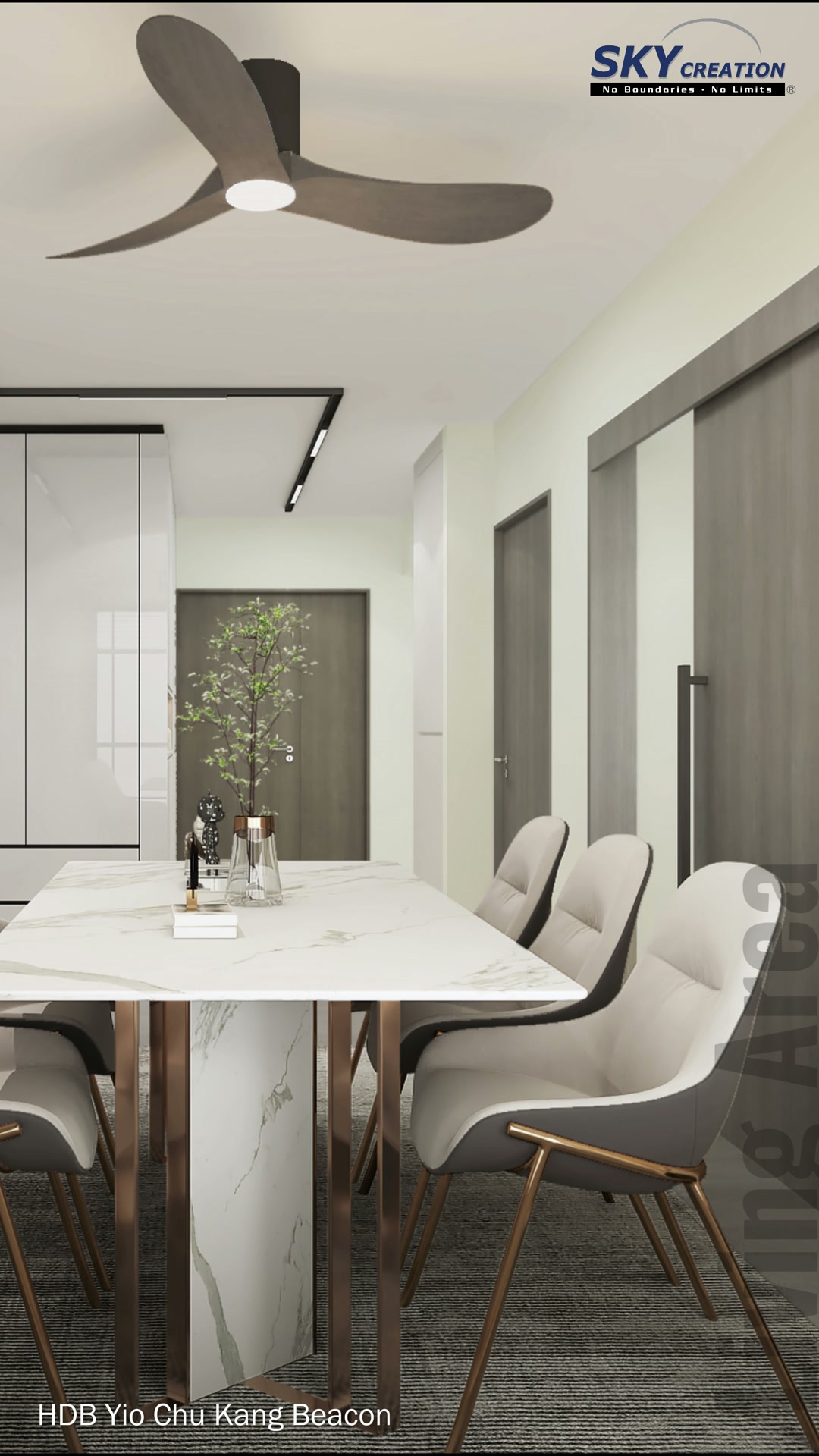 Yio Chu Kang Beacon dining layout with full-height storage and dark linear ceiling details