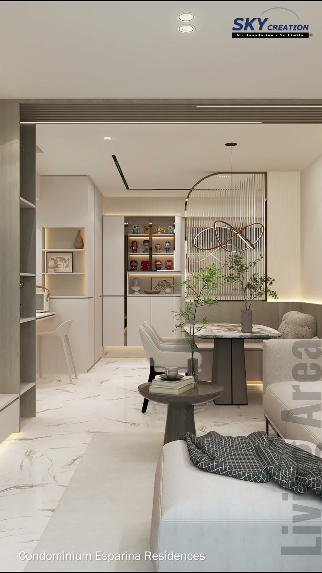 Esparina Residences living and dining area with a framed opening, marble table and sculptural pendant