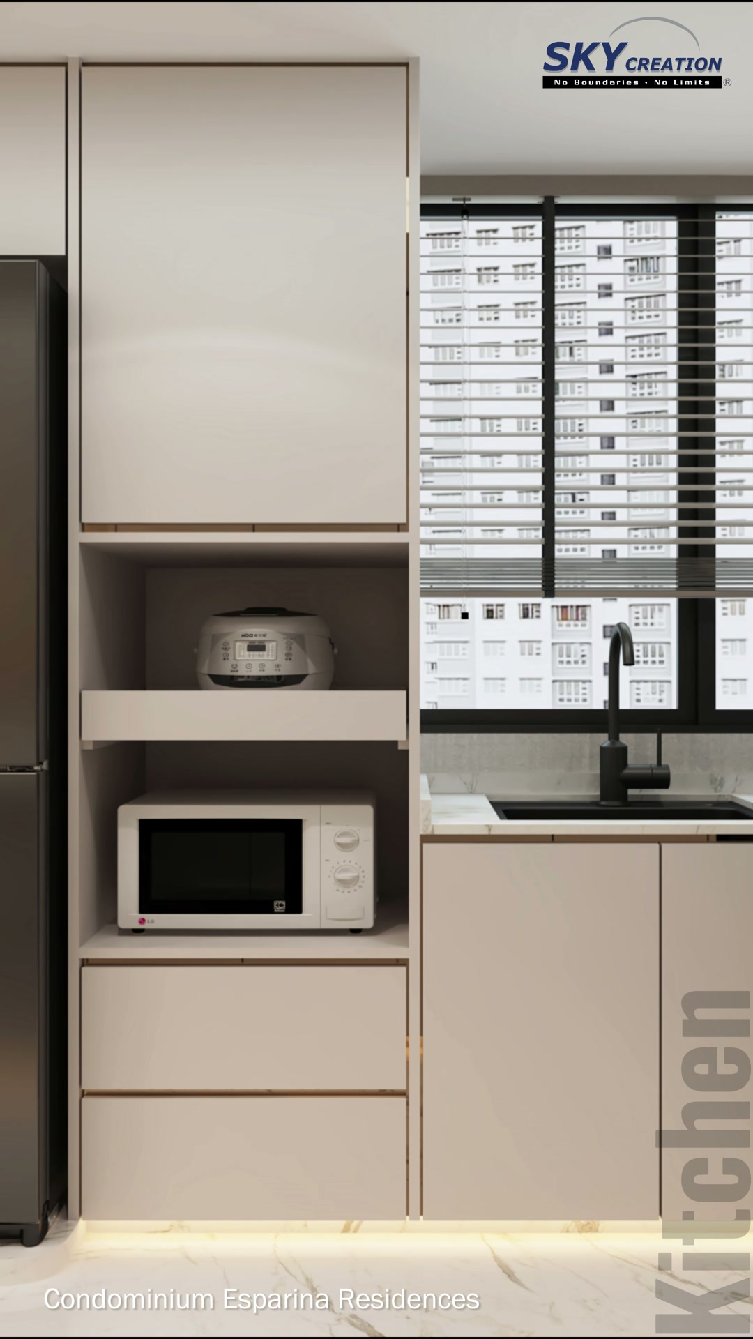 Esparina Residences kitchen with a dark refrigerator, appliance tower, window-side sink and pale cabinetry