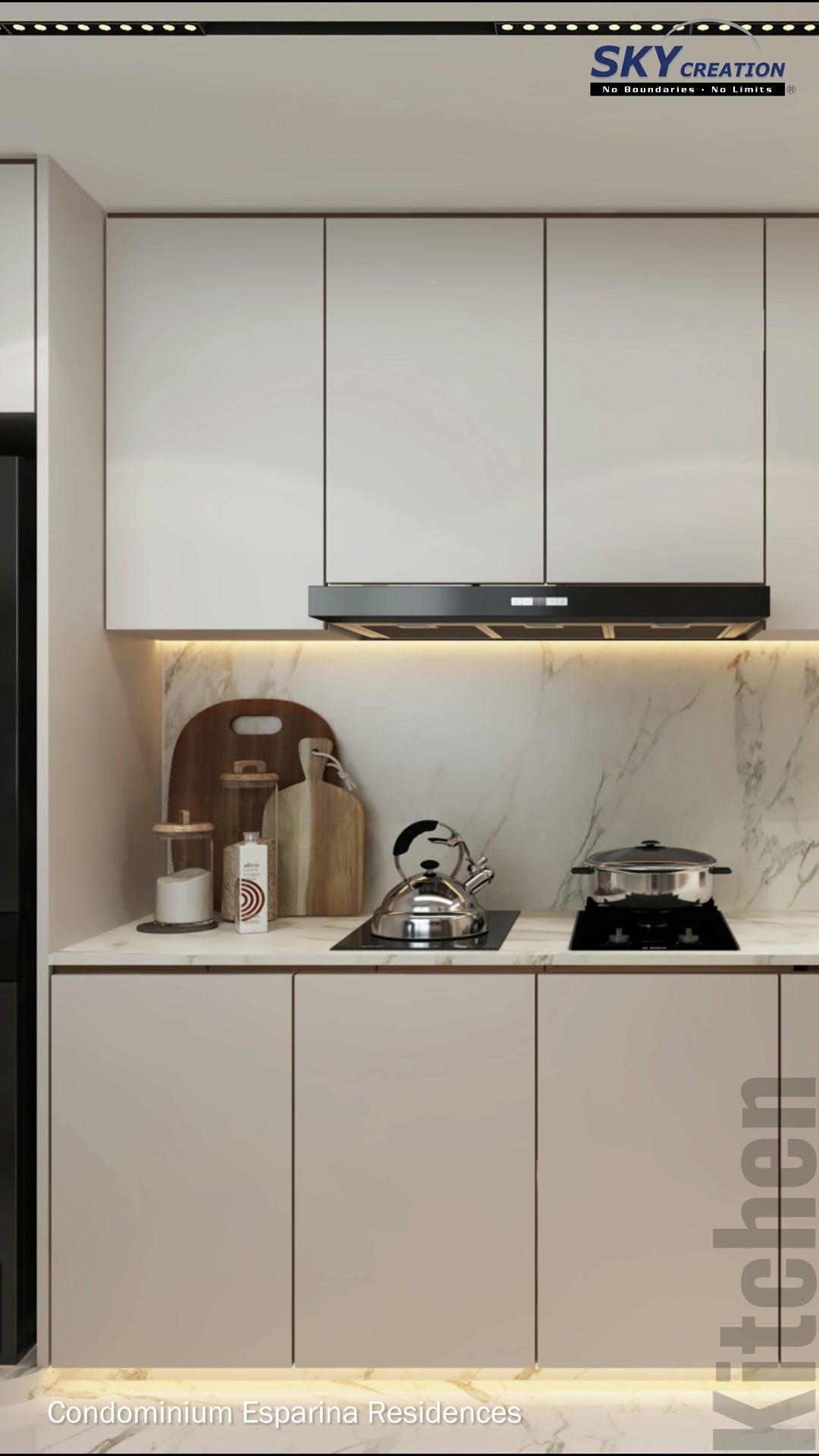 Esparina Residences kitchen with stacked laundry appliances, pale cabinets and a marble-look backsplash