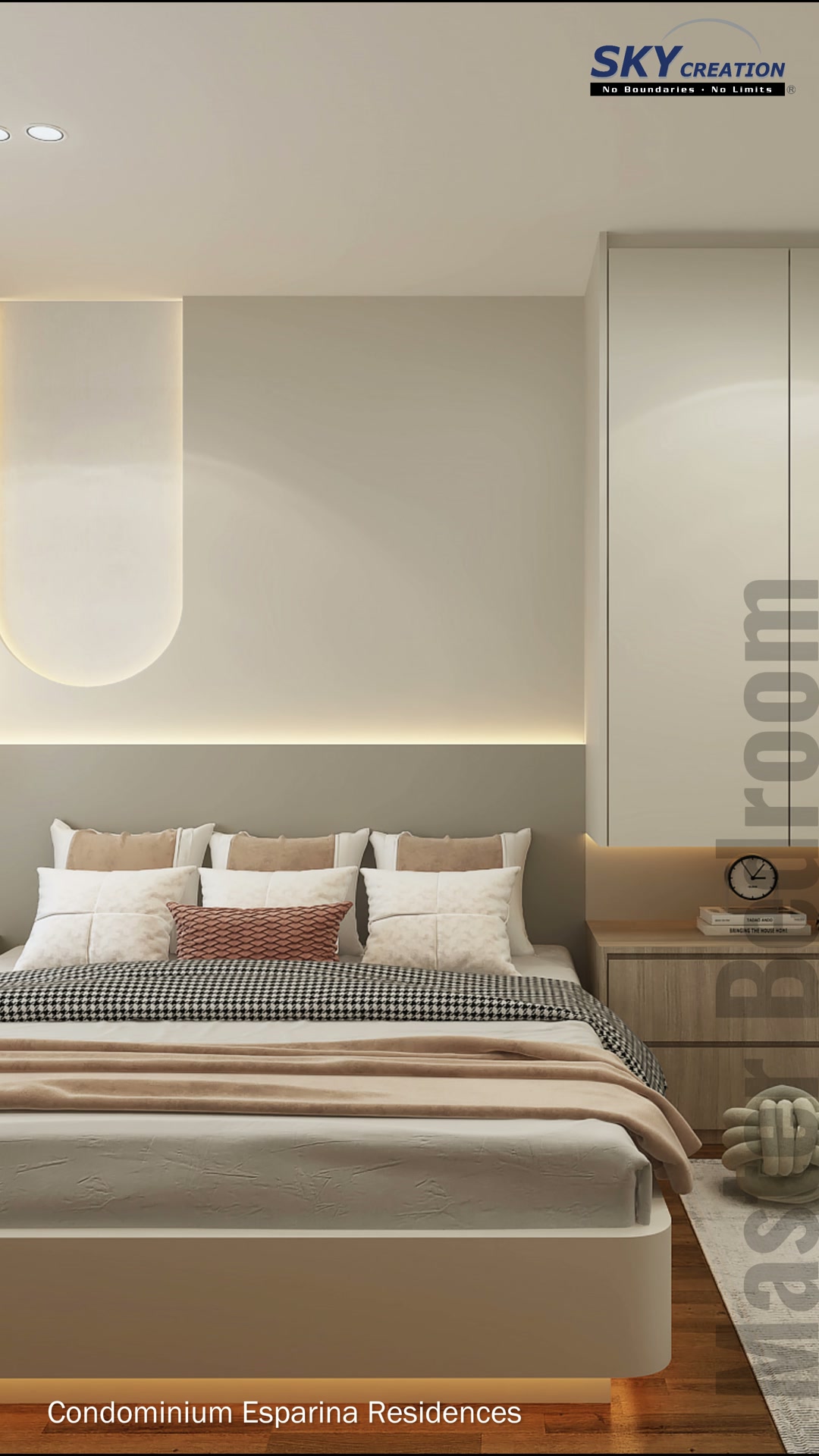 Esparina Residences master bedroom with a curved illuminated wall feature and full-height wardrobe