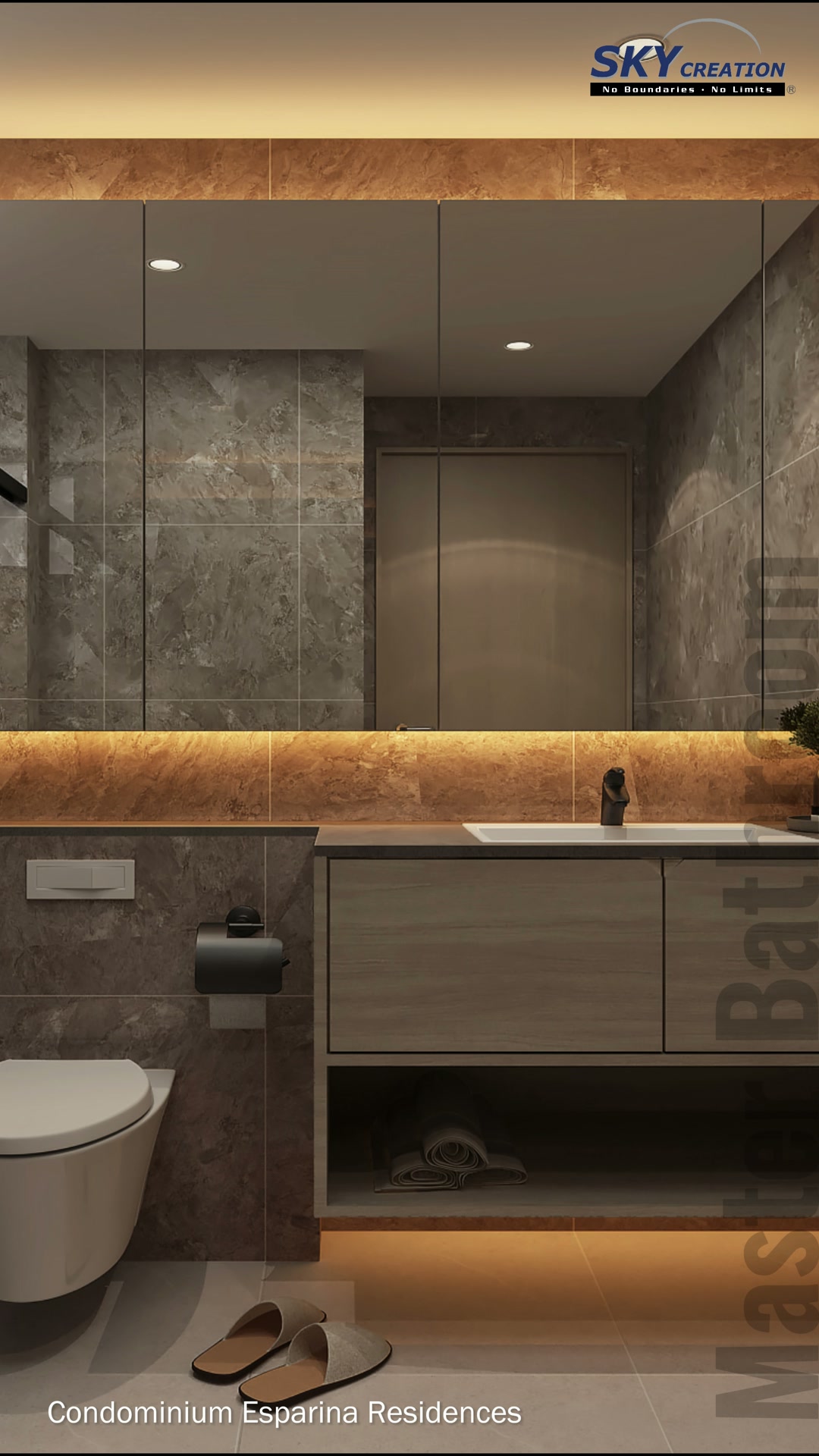 Esparina Residences bathroom with dark stone-look tiles, a broad mirror and floating vanity