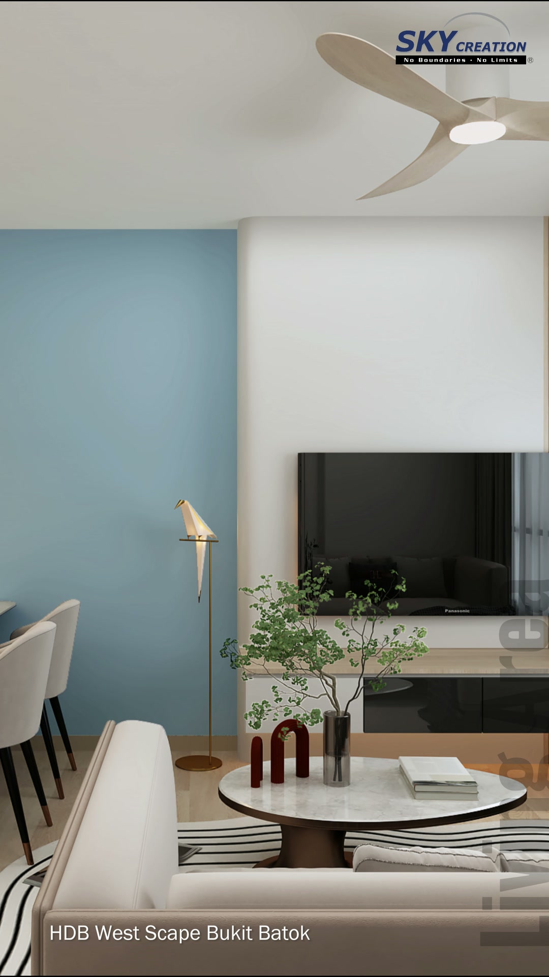 HDB West Scape Bukit Batok 3D living room with a blue accent wall and timber television feature