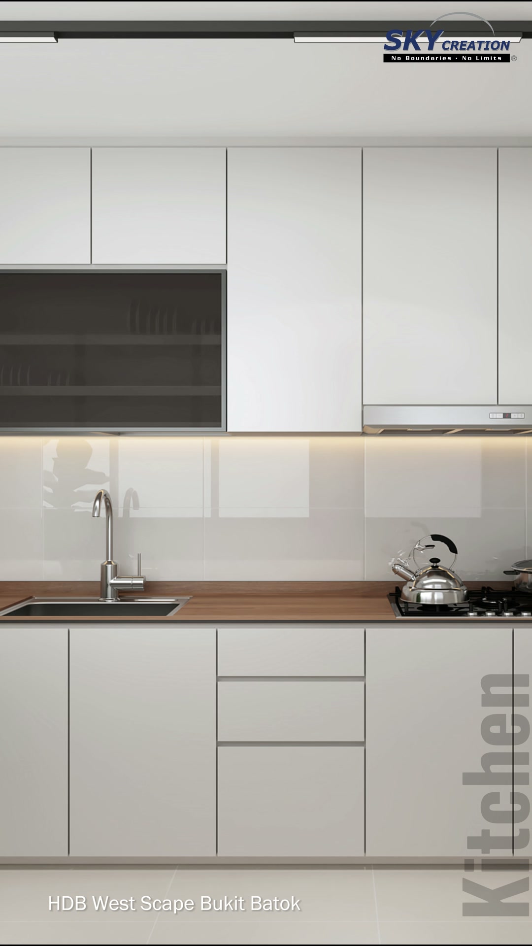 West Scape Bukit Batok kitchen with white cabinetry and a timber worktop