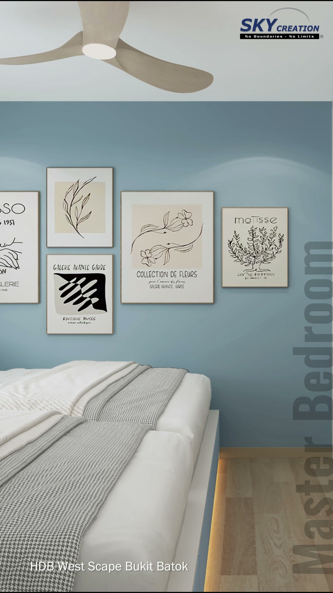 West Scape Bukit Batok master bedroom with a blue gallery wall and warm bed lighting