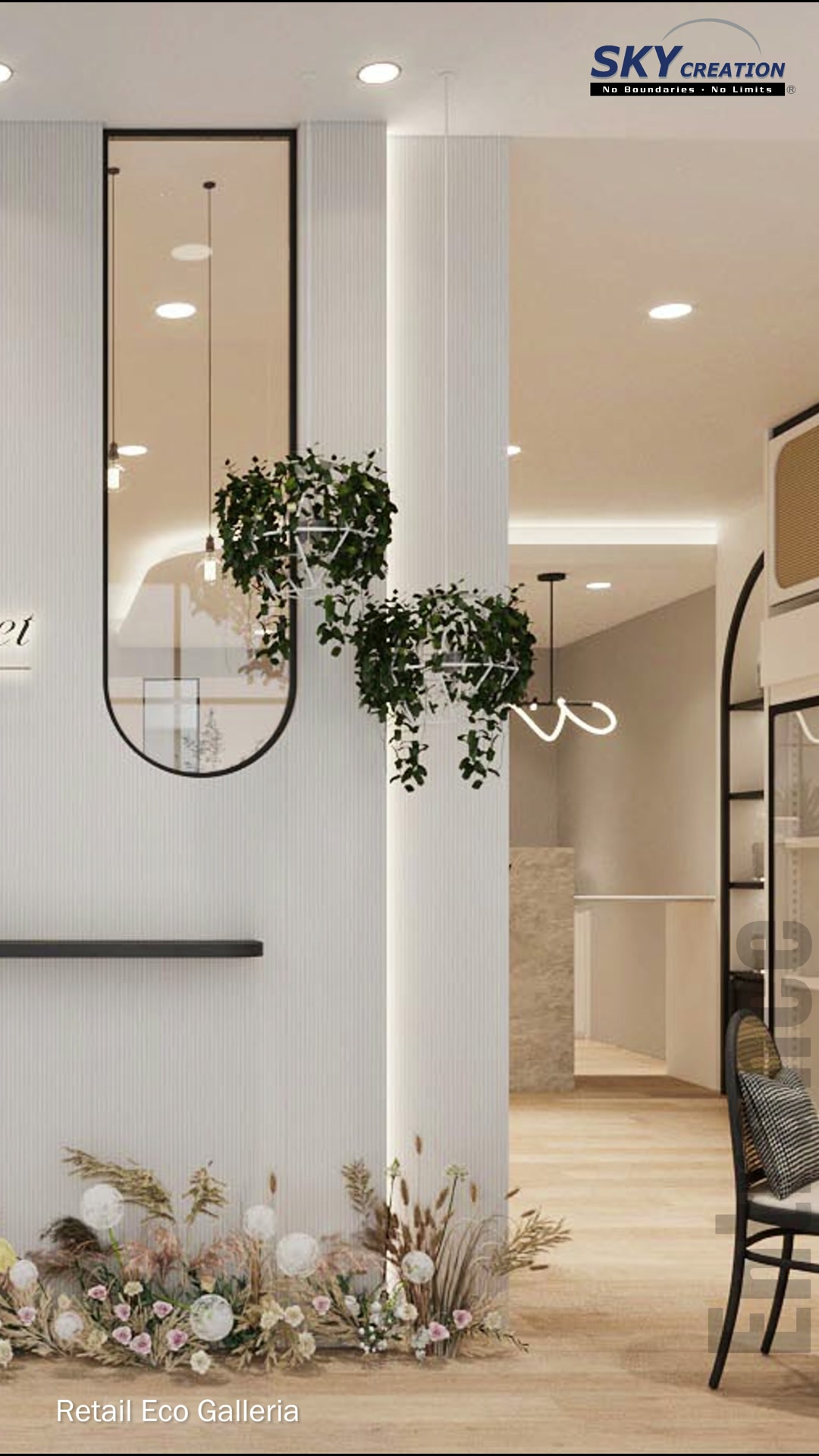 Eco Galleria entrance transition with hanging greenery, a slim black shelf and softly lit corridor