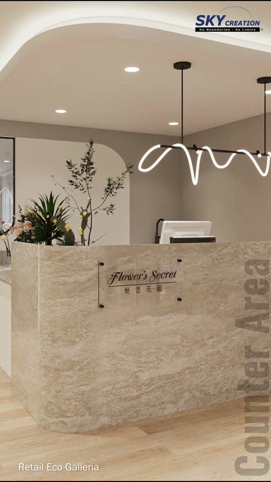 Eco Galleria solid stone reception counter beneath a sculptural pendant and floral arrangement