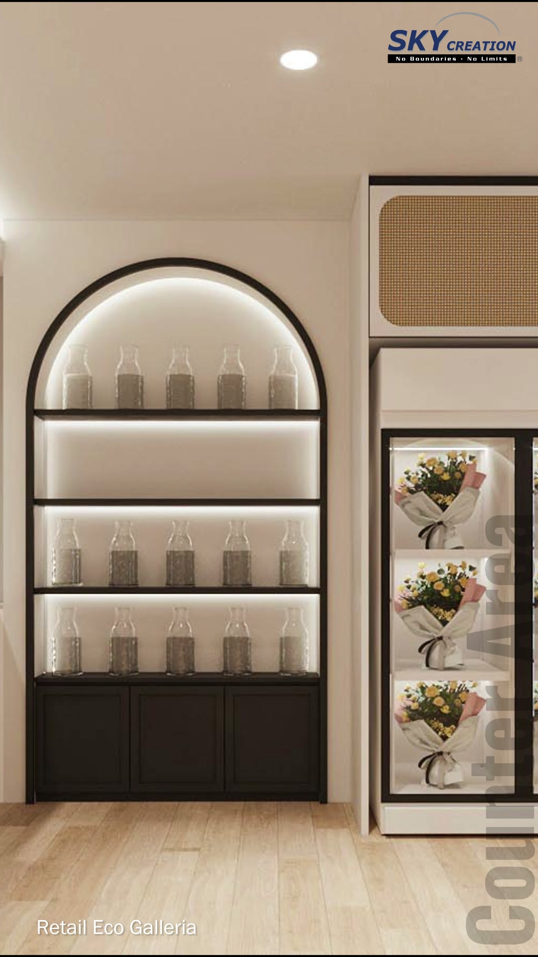 Eco Galleria arched illuminated shelving beside a chilled flower display with warm woven panels