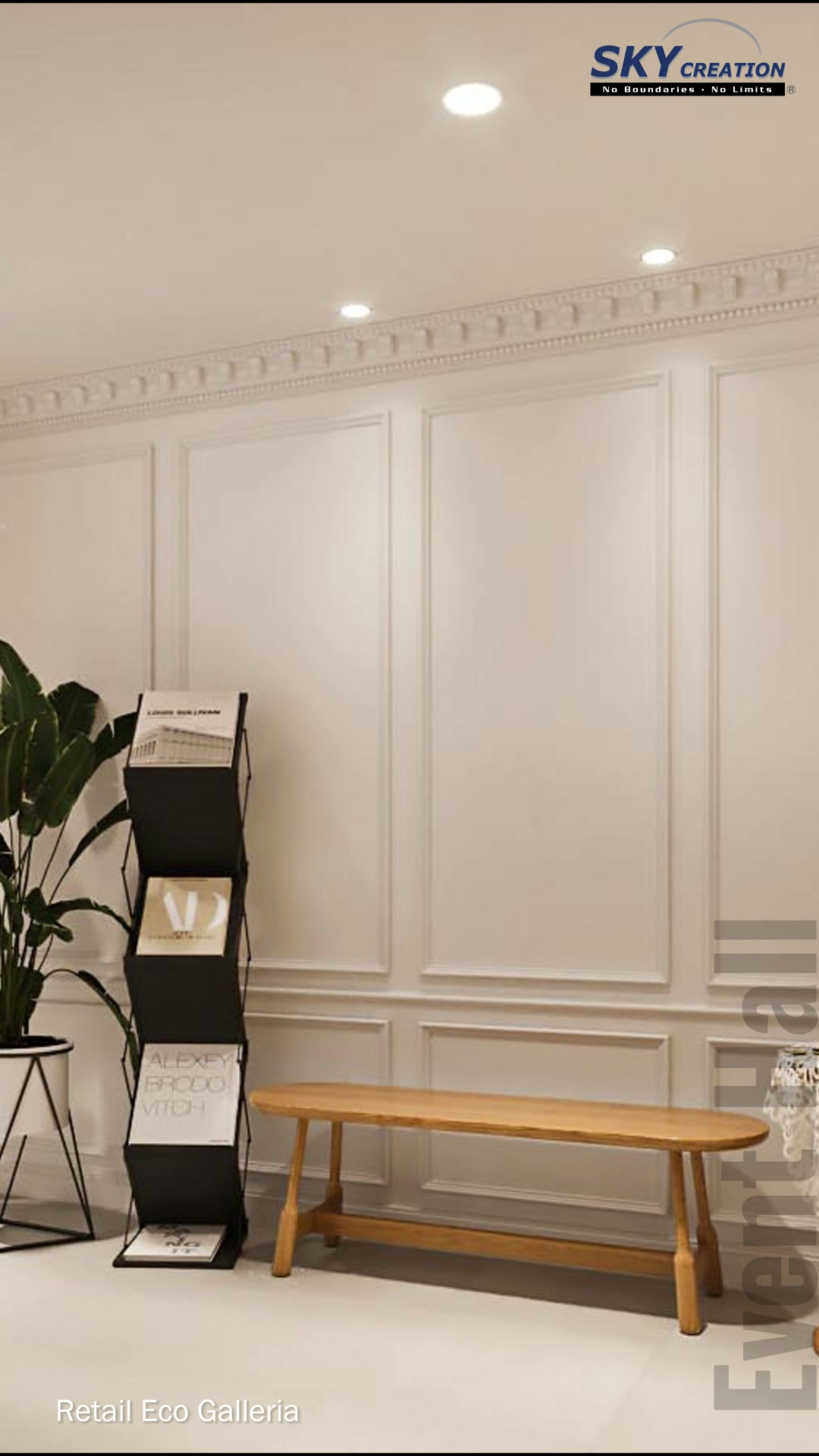 Eco Galleria event-area wall with white moulding, a display rack, timber bench and potted plant